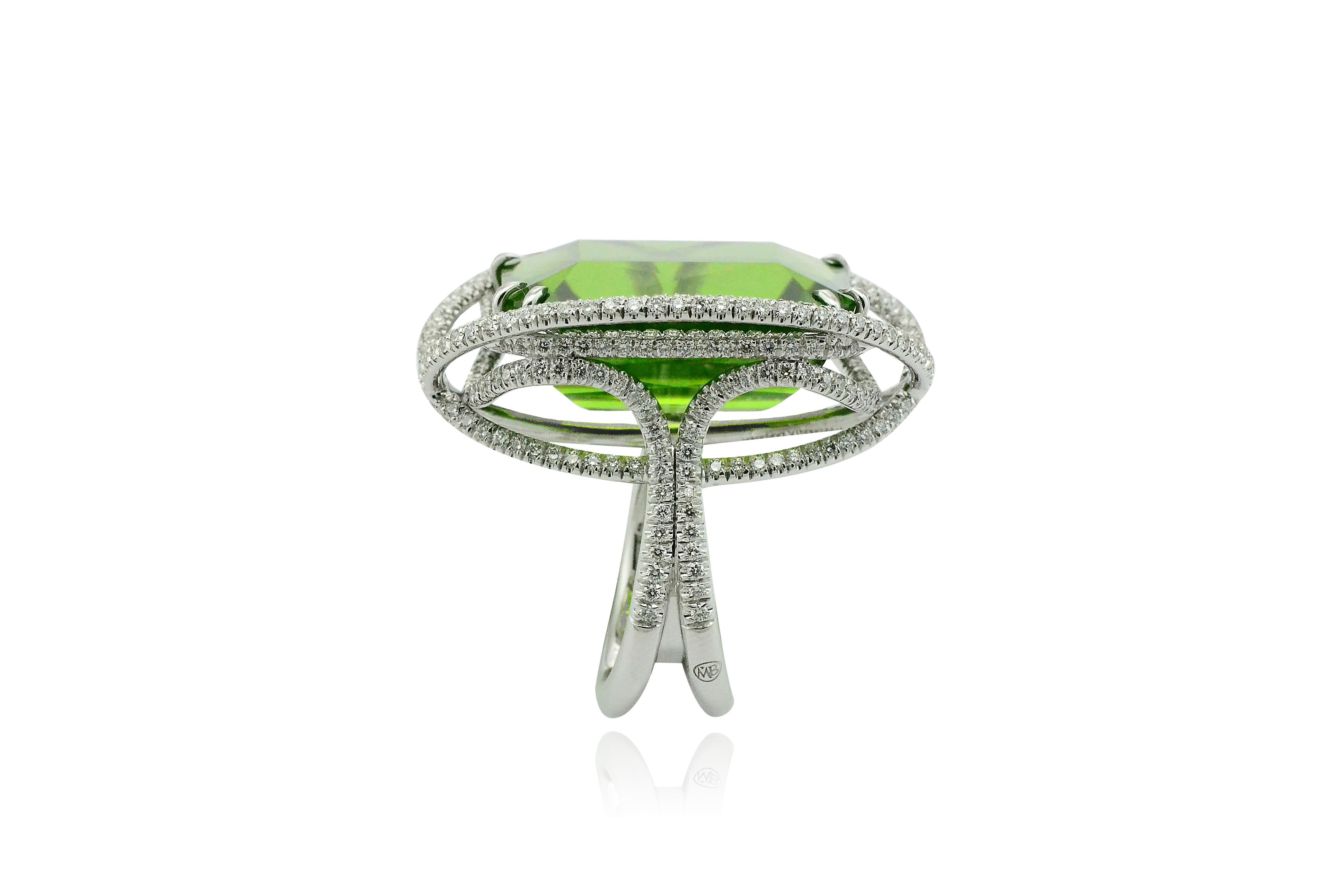 Contemporary Unique 53.50 Kt Peridot  Diamonds 18 KT White Gold Cocktail Ring For Sale
