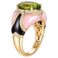 Peridot 5.68ct and Onxy Diamond Cocktail Ring in 18K Yellow Gold