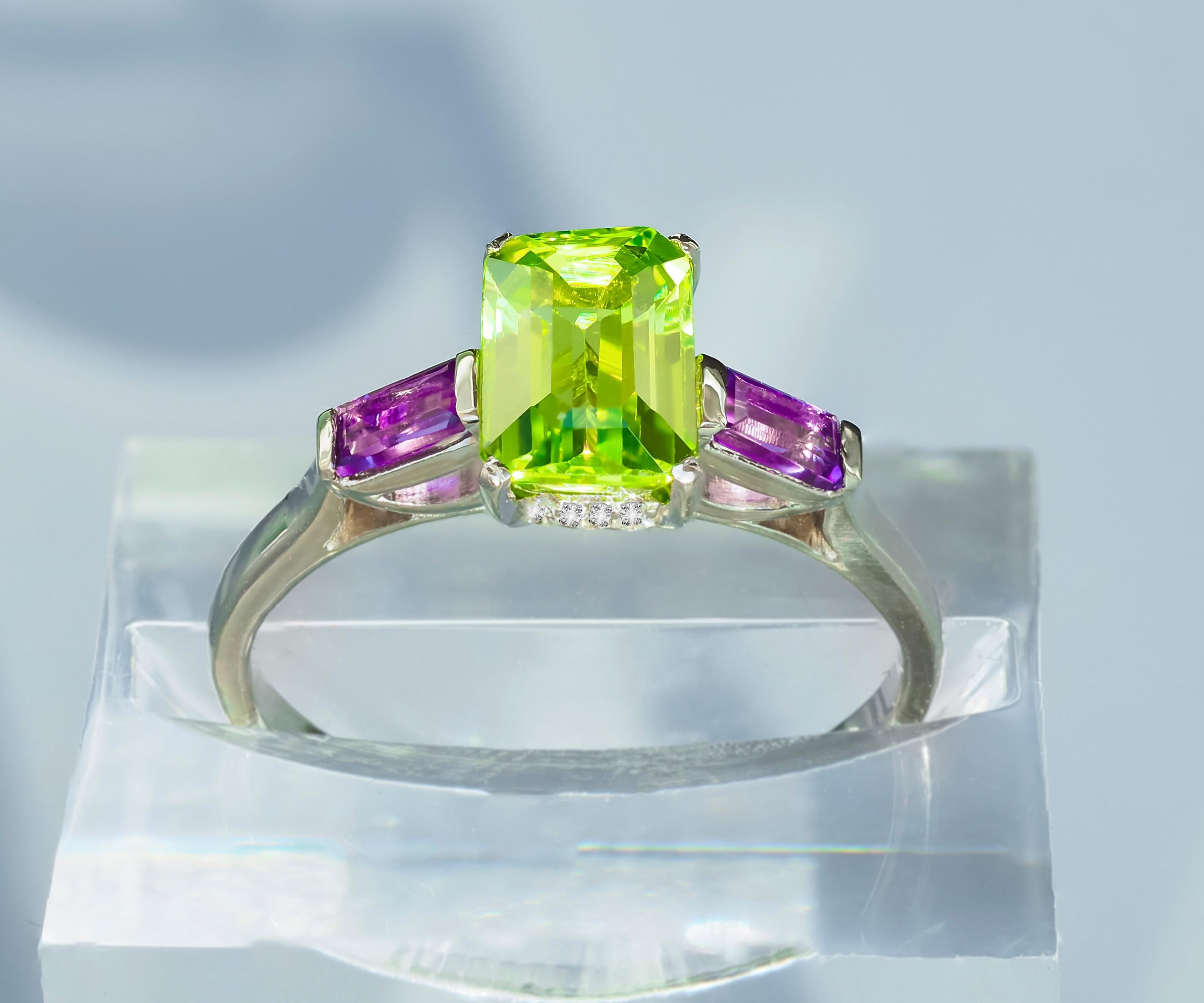 Peridot, Amethyst 14k gold ring.  In New Condition For Sale In Istanbul, TR
