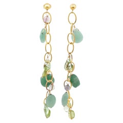 Peridot, Amethyst and Aventurine Drop Link Post Earrings in 14K Yellow Gold