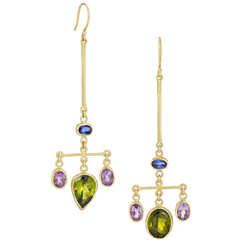 Peridot, Amethyst and Kyanite Chandelier  Gold Earrings For Sale