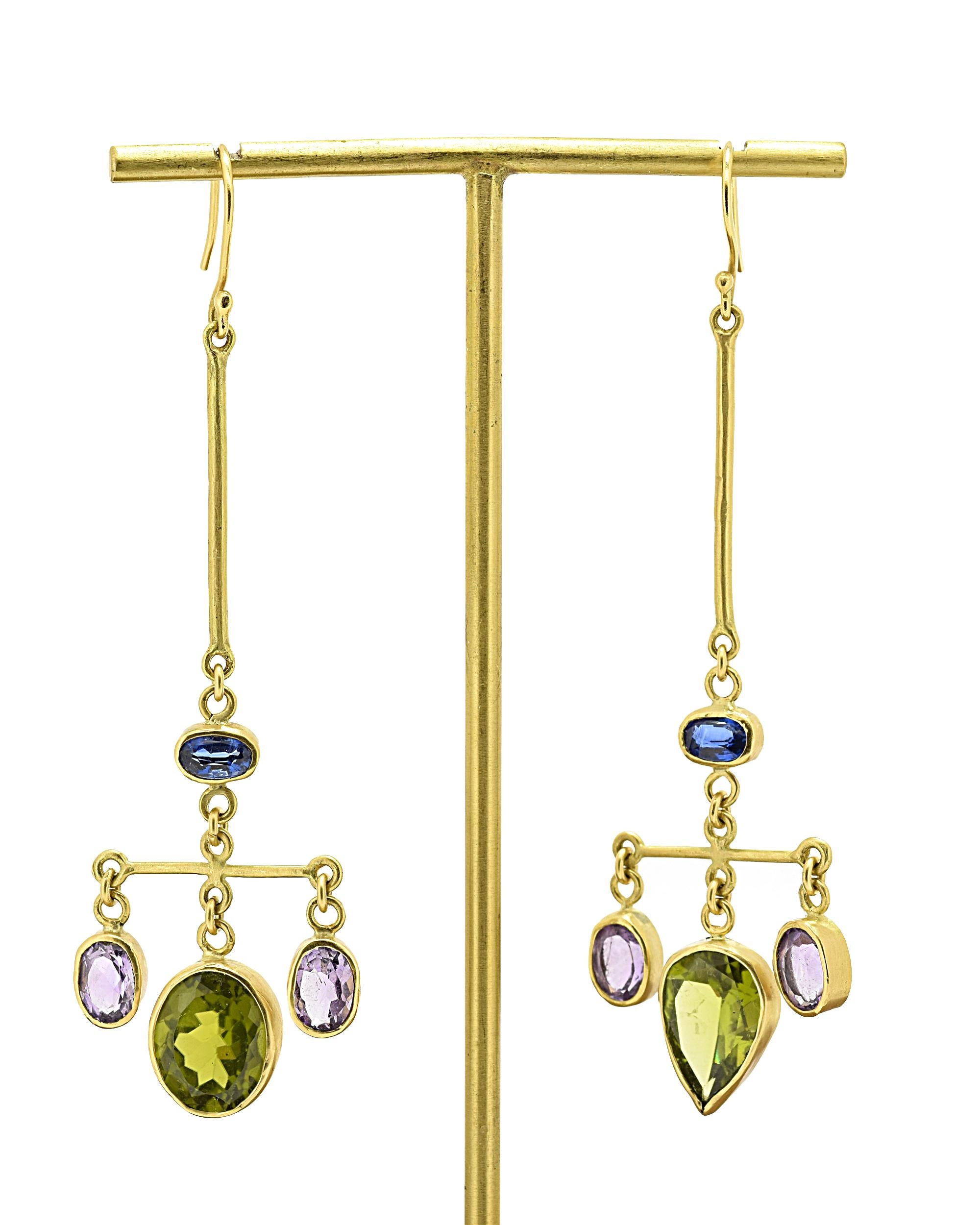 Victorian Peridot, Amethyst and Kyanite Chandelier  Gold Earrings For Sale