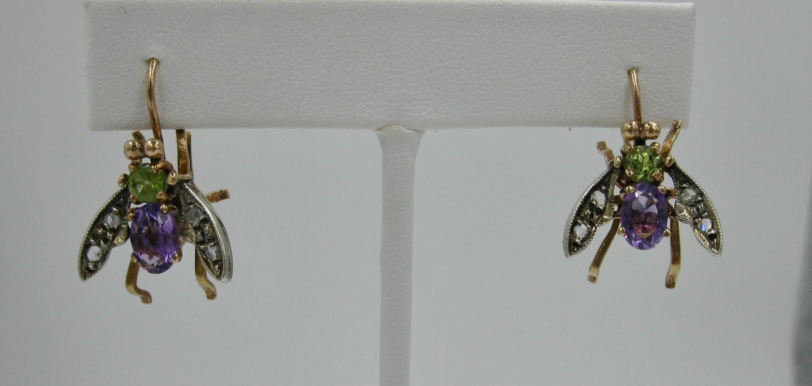 Modern Peridot Amethyst Fly Insect Earrings Gold Suffragette Estate Earrings