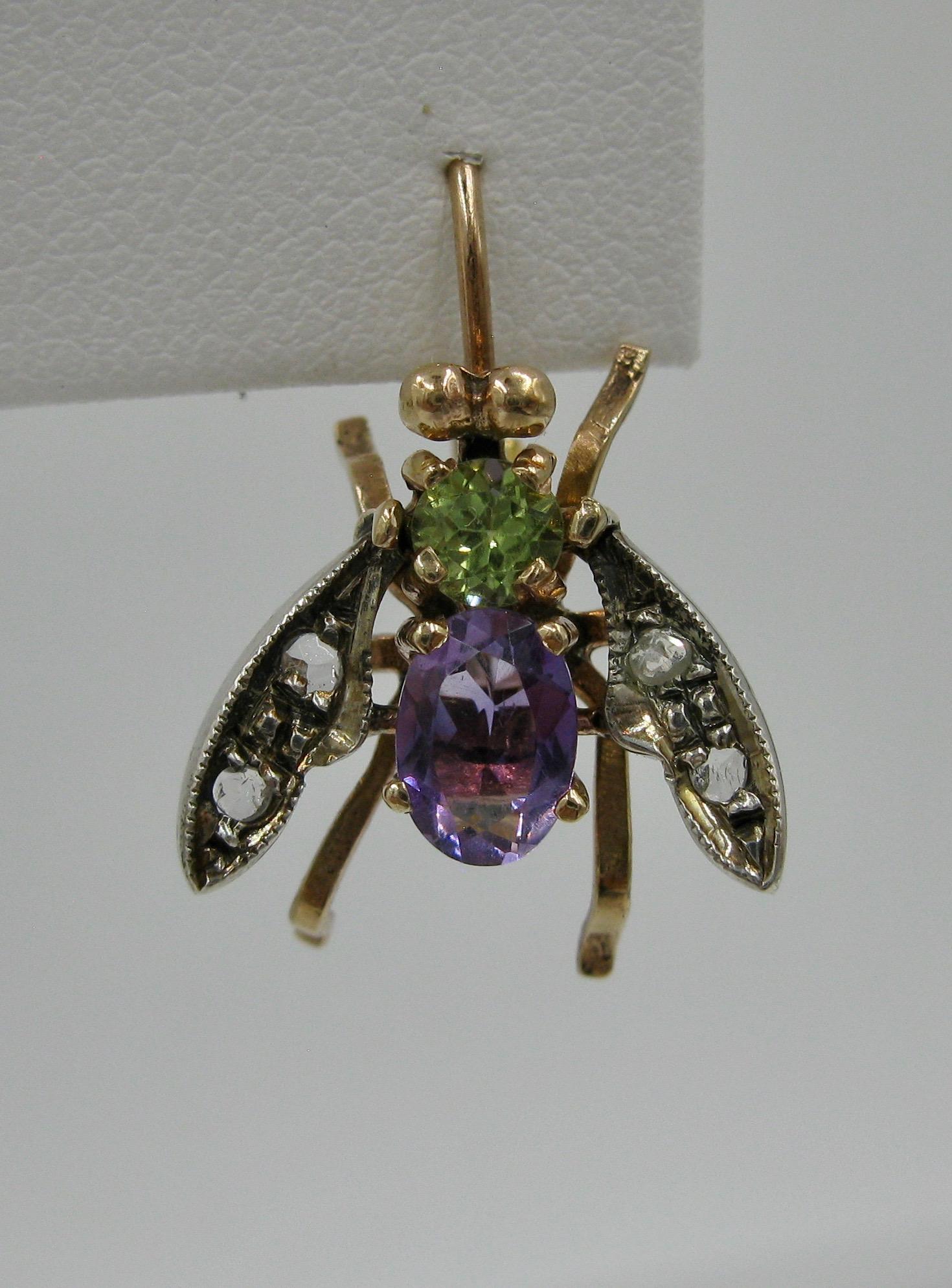 Women's Peridot Amethyst Fly Insect Earrings Gold Suffragette Estate Earrings
