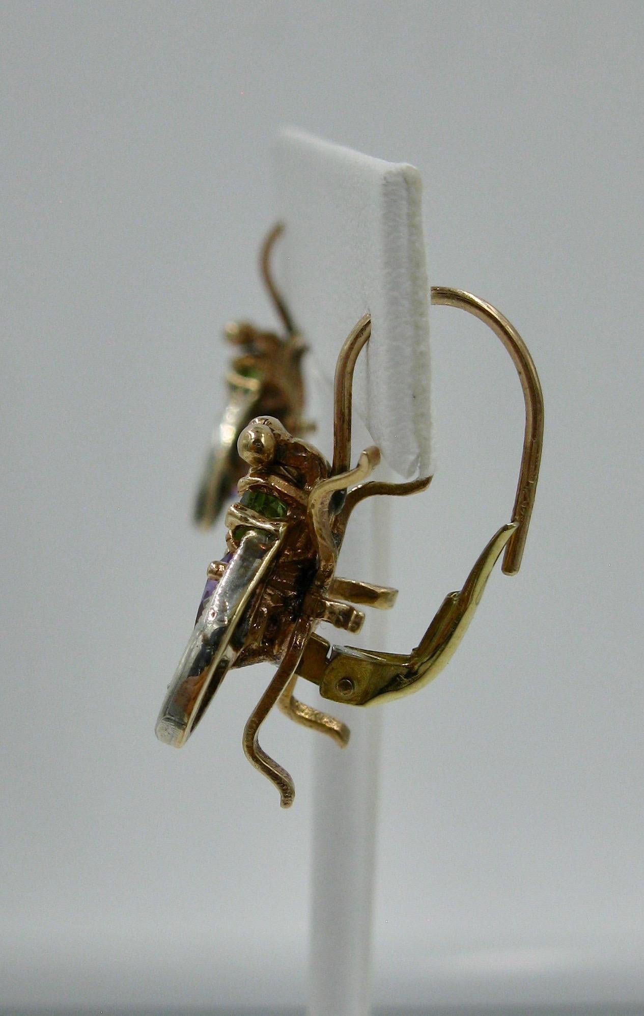 Peridot Amethyst Fly Insect Earrings Gold Suffragette Estate Earrings 1