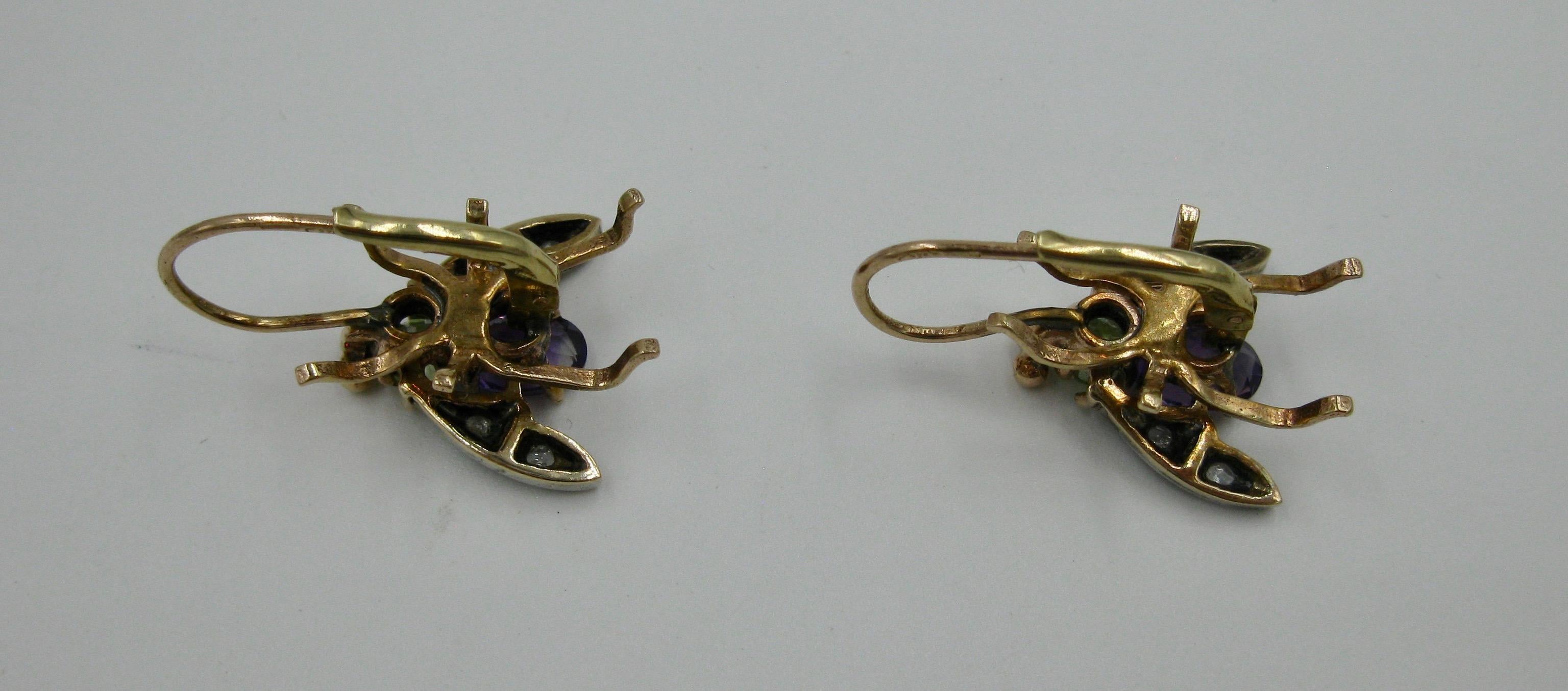 Peridot Amethyst Fly Insect Earrings Gold Suffragette Estate Earrings 2
