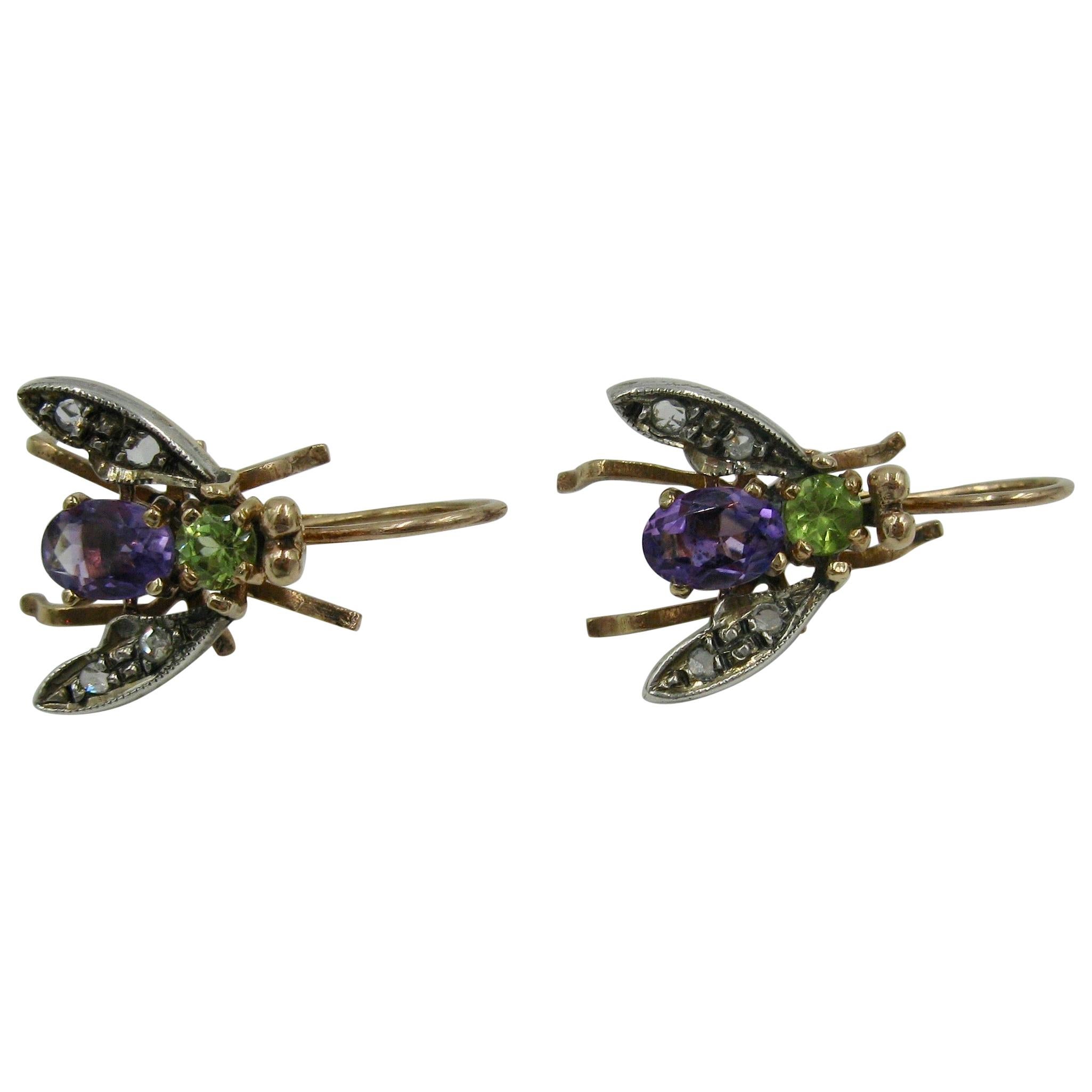 Peridot Amethyst Fly Insect Earrings Gold Suffragette Estate Earrings