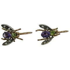 Vintage Peridot Amethyst Fly Insect Earrings Gold Suffragette Estate Earrings