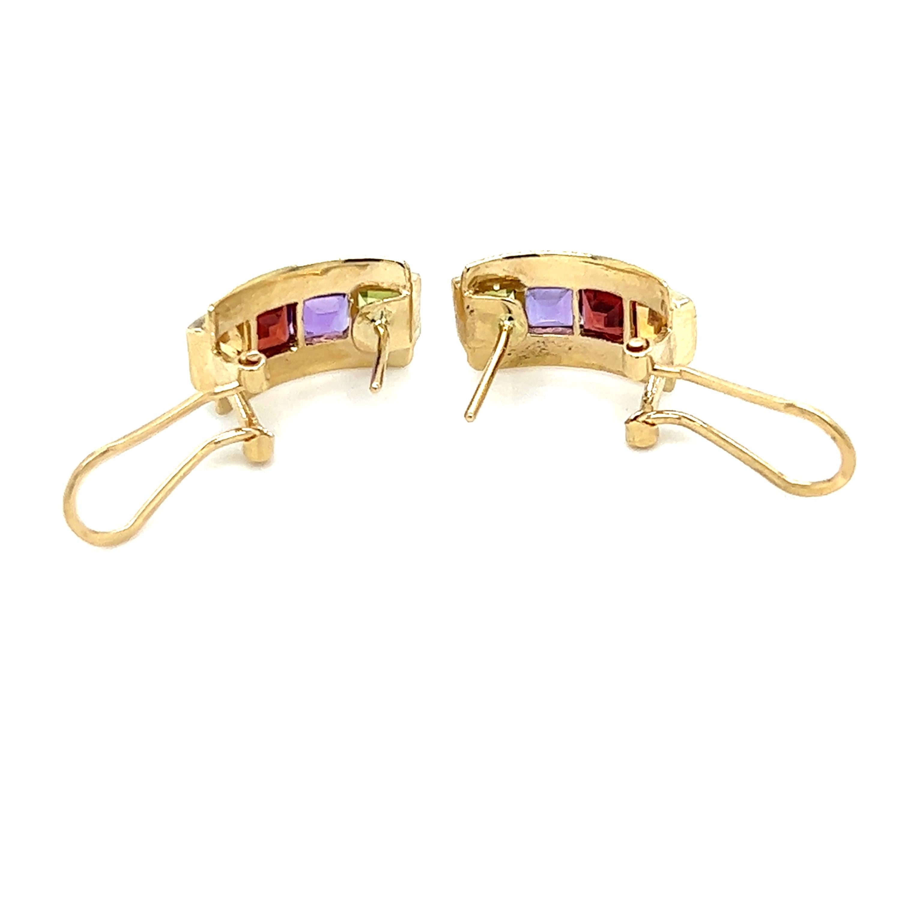 Contemporary Peridot, Amethyst, Garnet, and Citrine Earrings in 14k Yellow Gold