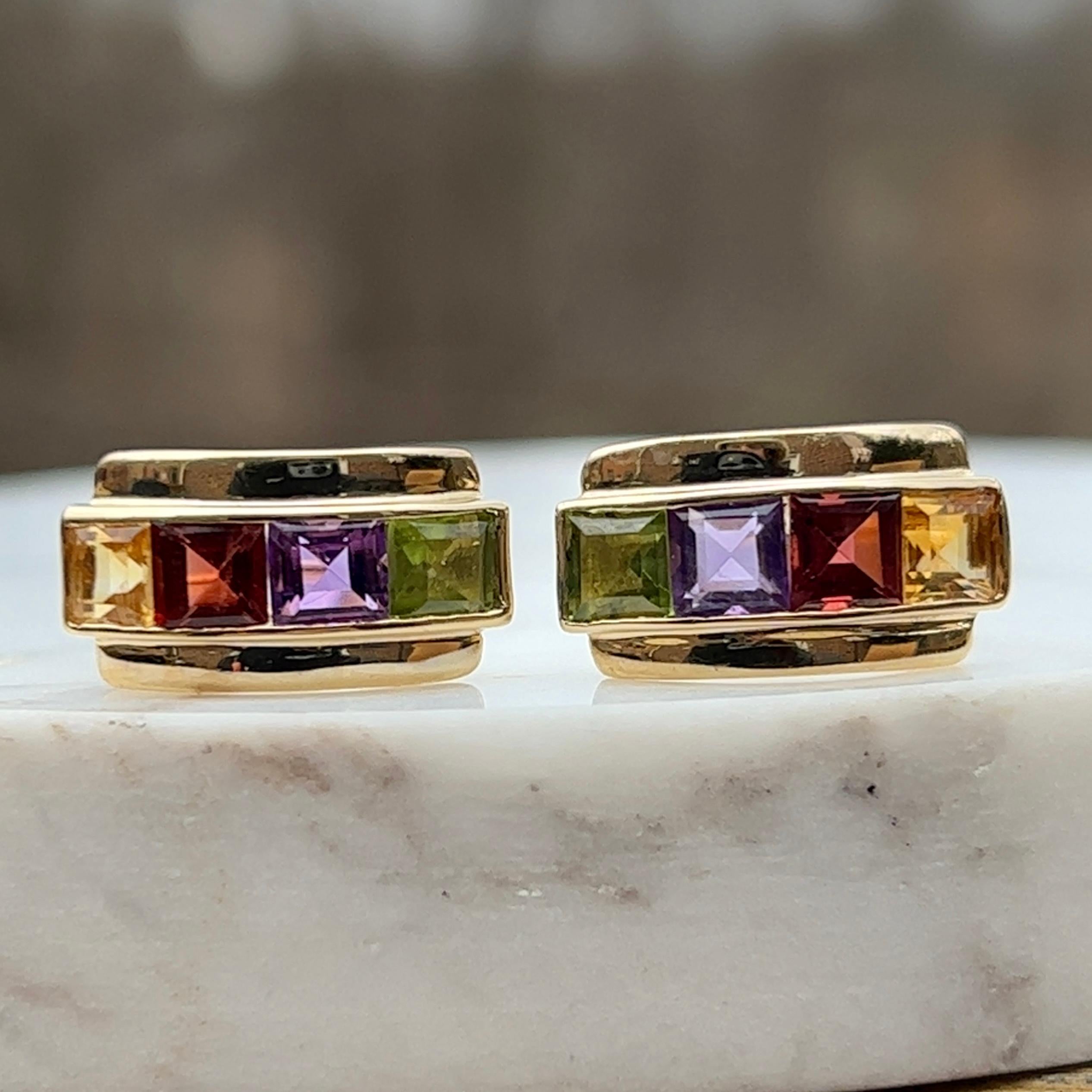 Peridot, Amethyst, Garnet, and Citrine Earrings in 14k Yellow Gold In Good Condition In Towson, MD