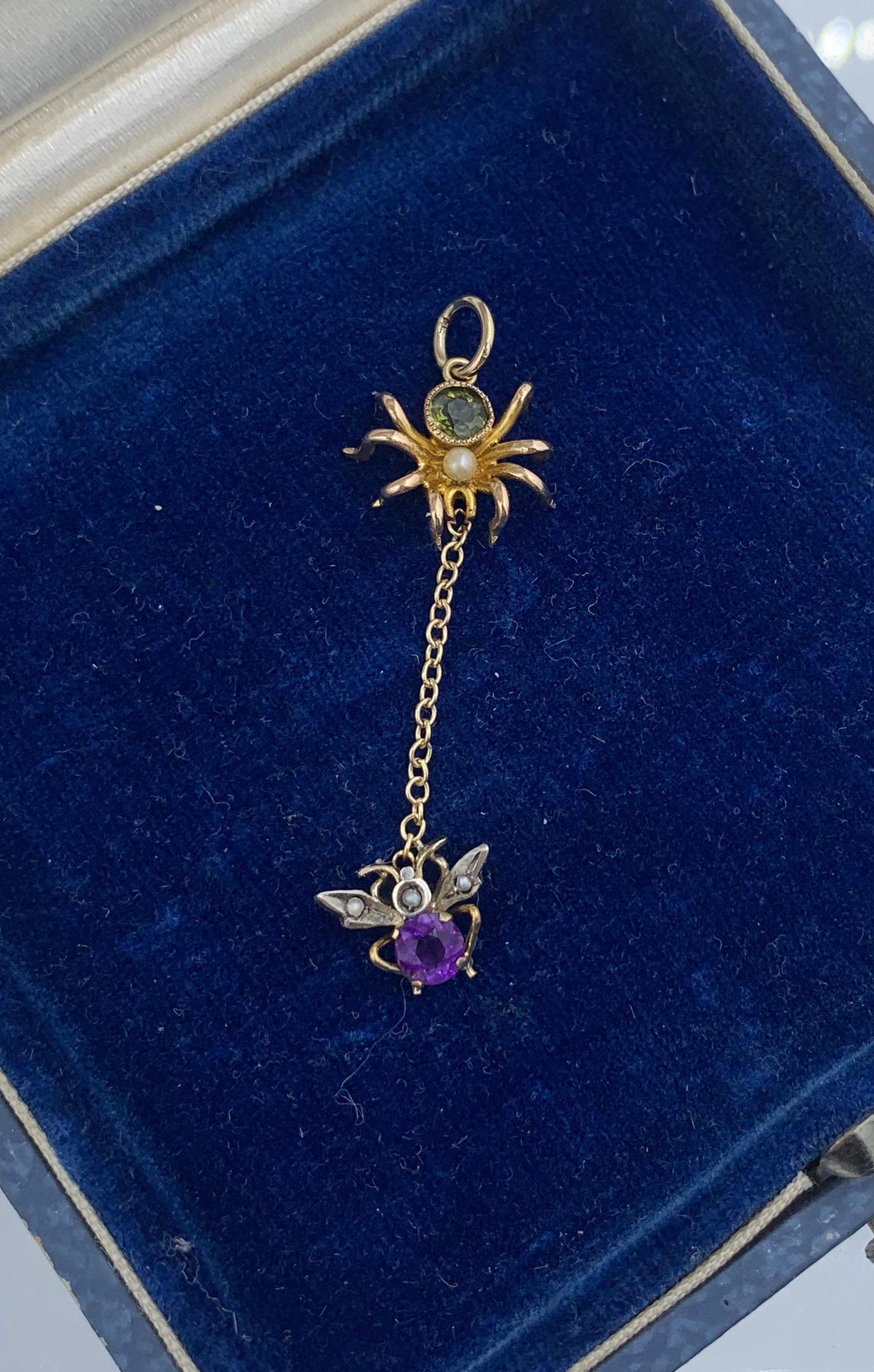 Peridot Amethyst Spider and Fly Insect Pendant Edwardian Suffragette Gold In Good Condition In New York, NY