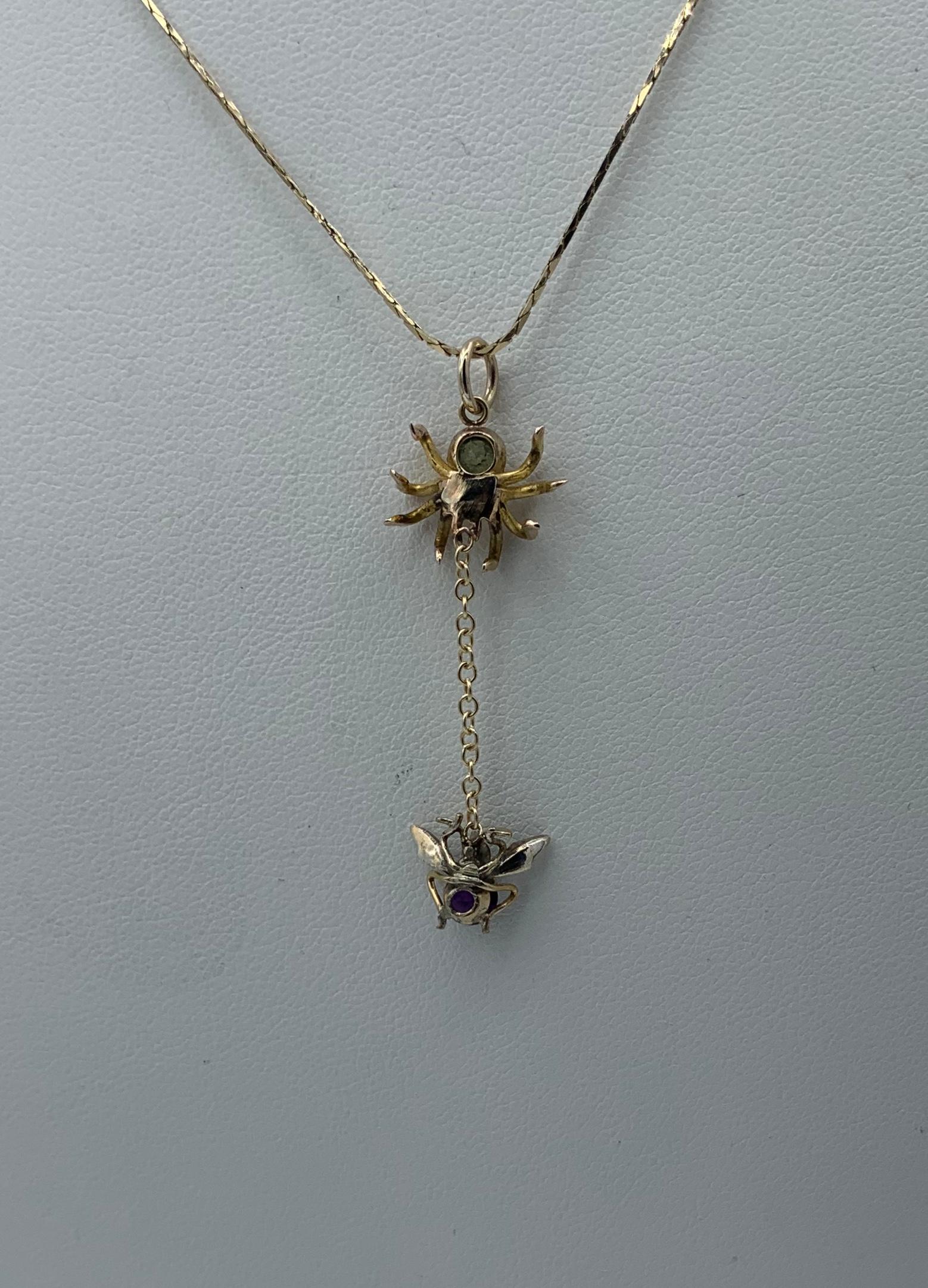 Peridot Amethyst Spider and Fly Insect Pendant Edwardian Suffragette Gold 1