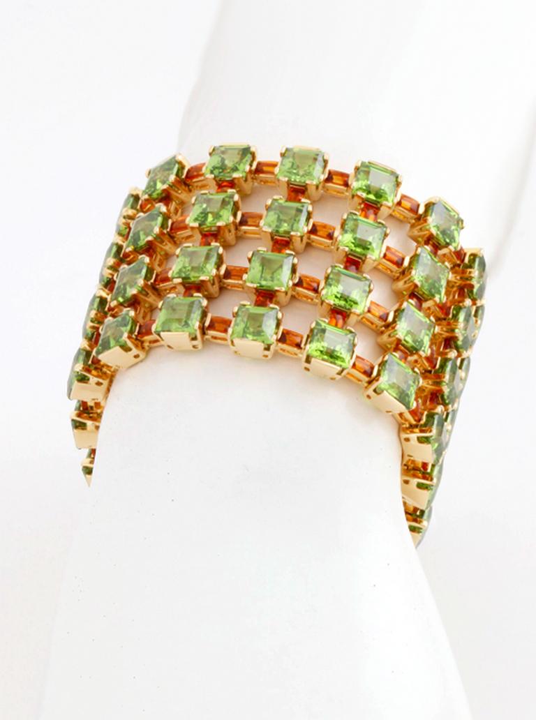 Baguette Cut Peridot and 17.46cts. Citrine 18k Gold RIBBON Bracelet by John Landrum Bryant For Sale