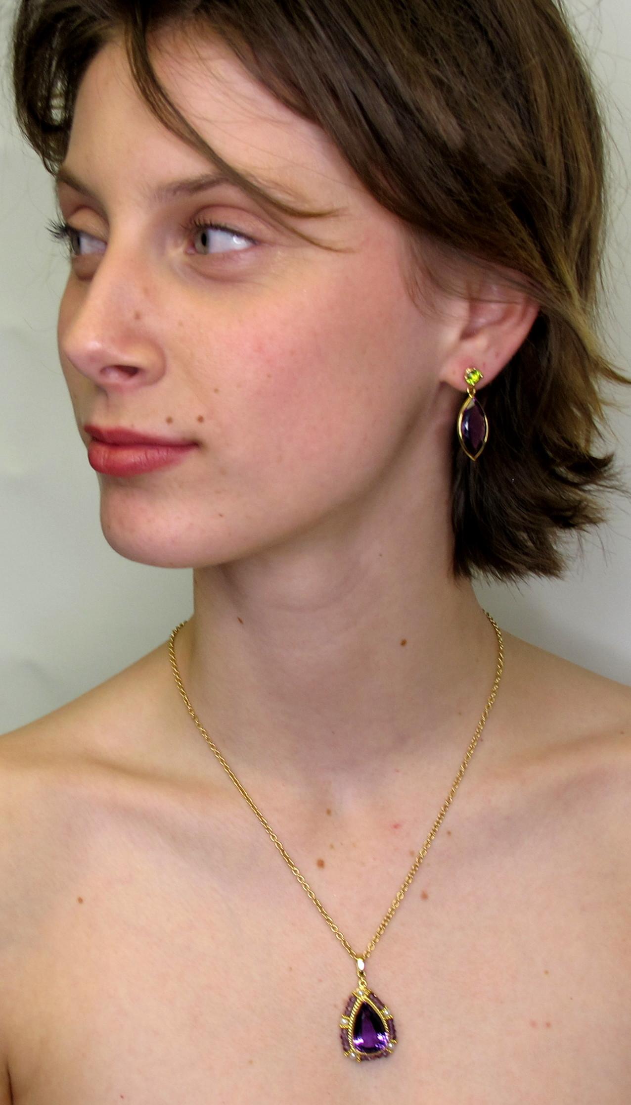 Amethyst Marquise and Peridot, 18k Yellow Gold Bezel Dangle Drop Post Earrings 4