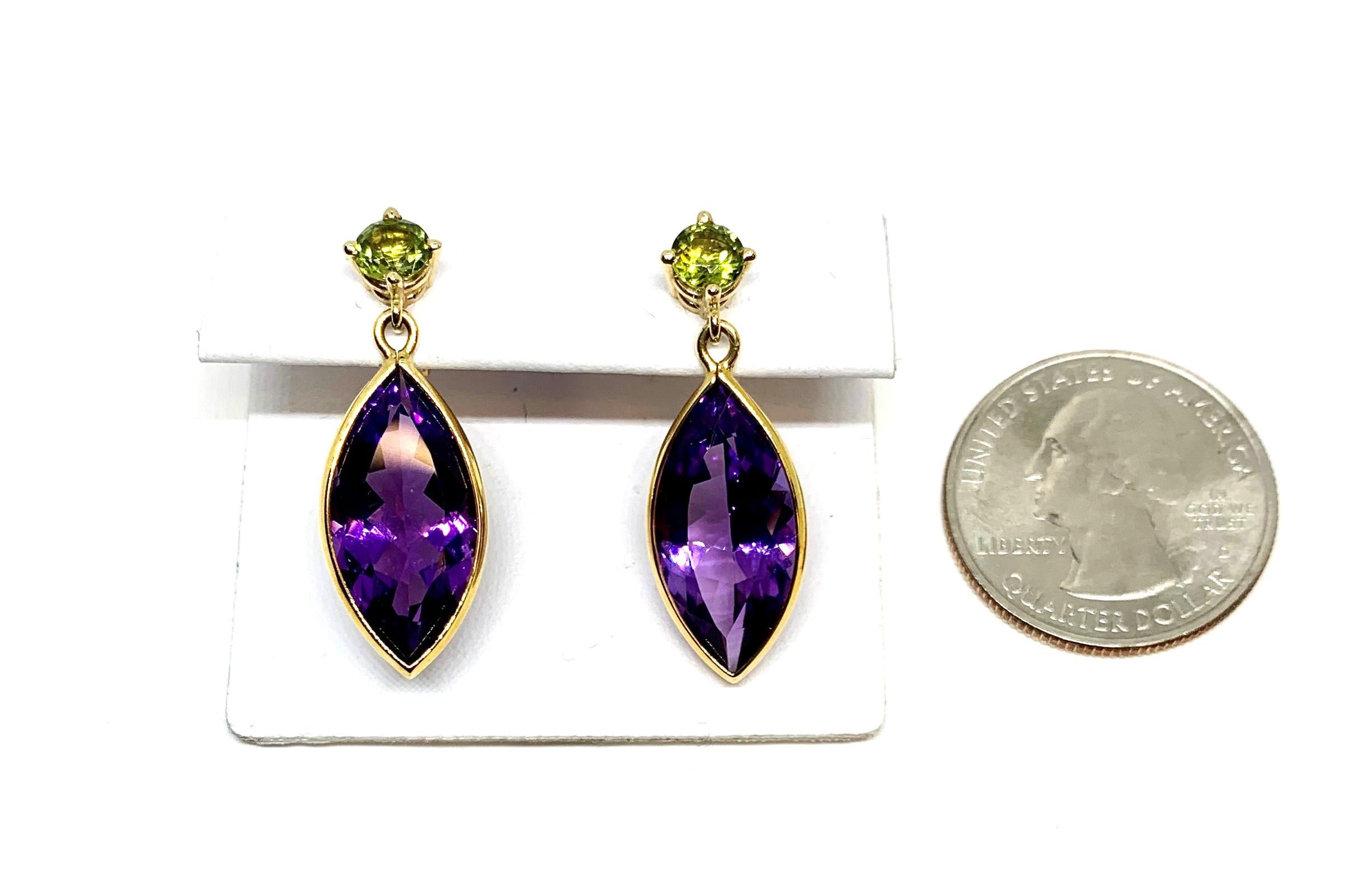 Amethyst Marquise and Peridot, 18k Yellow Gold Bezel Dangle Drop Post Earrings 1