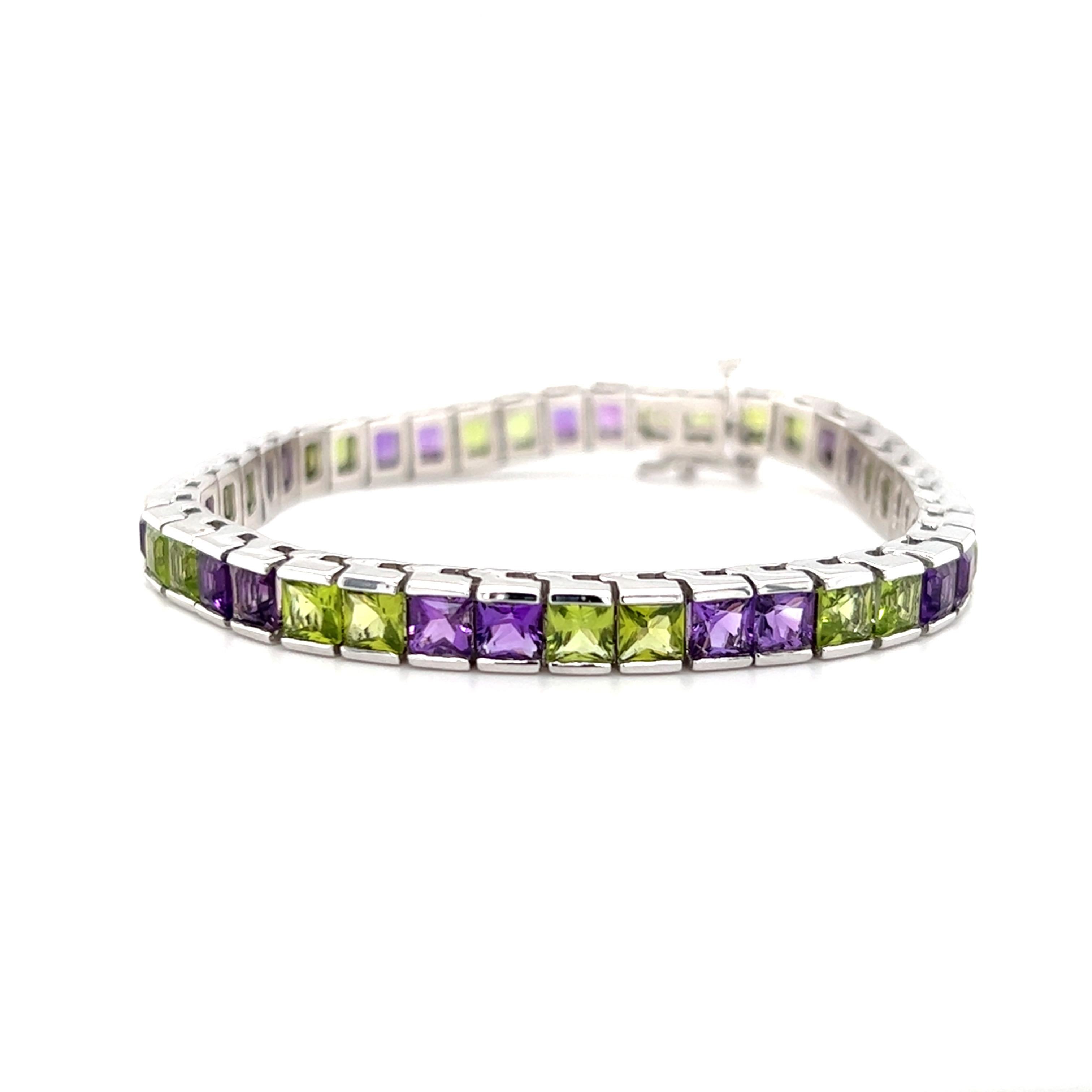 Contemporary Peridot and Amethyst Channel Set Line Bracelet in 14K Gold