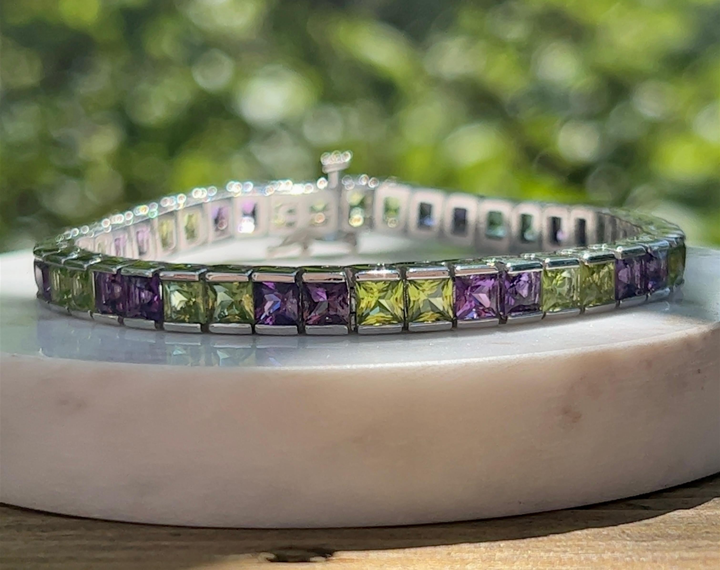 Women's or Men's Peridot and Amethyst Channel Set Line Bracelet in 14K Gold