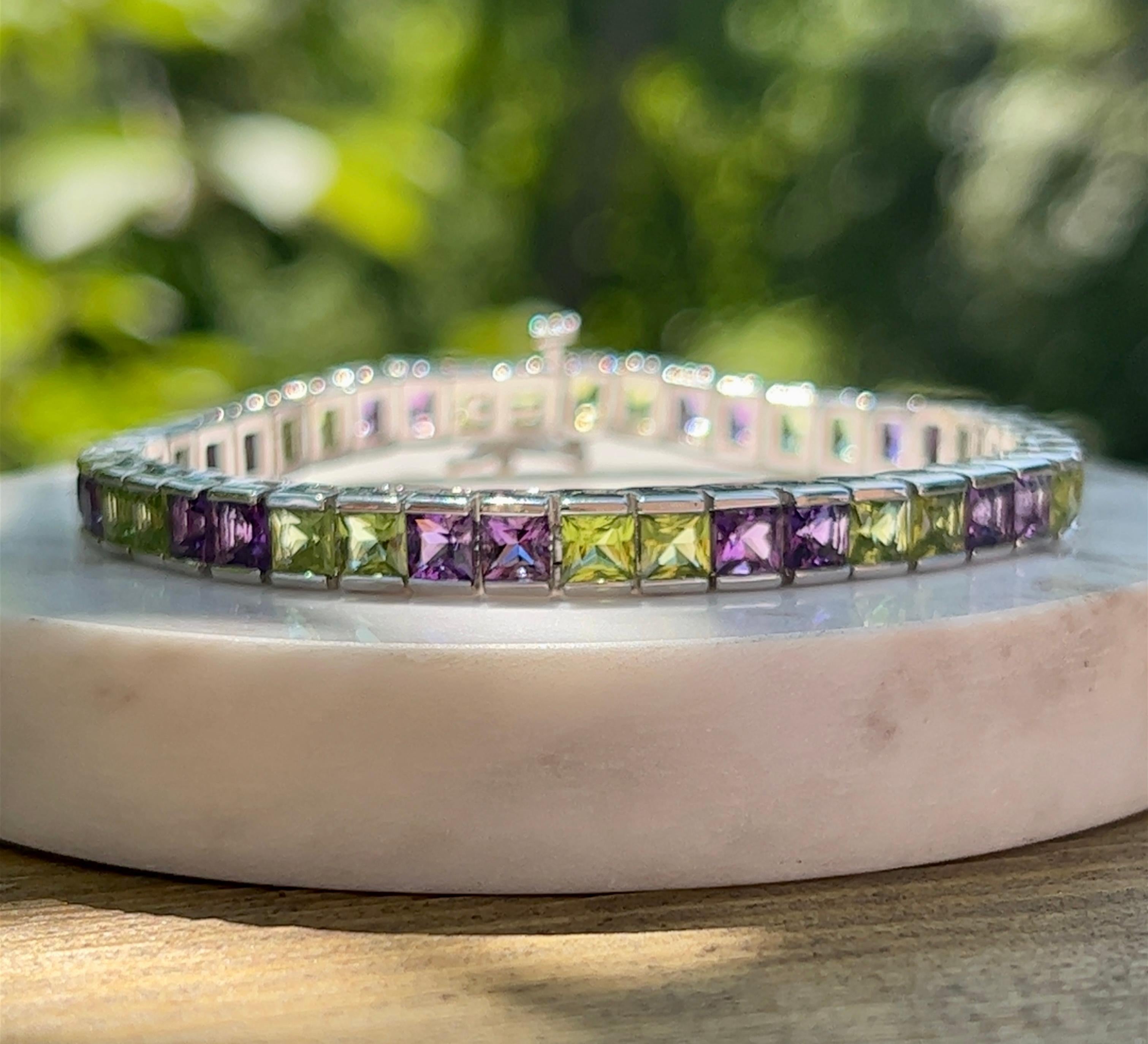 Peridot and Amethyst Channel Set Line Bracelet in 14K Gold 1