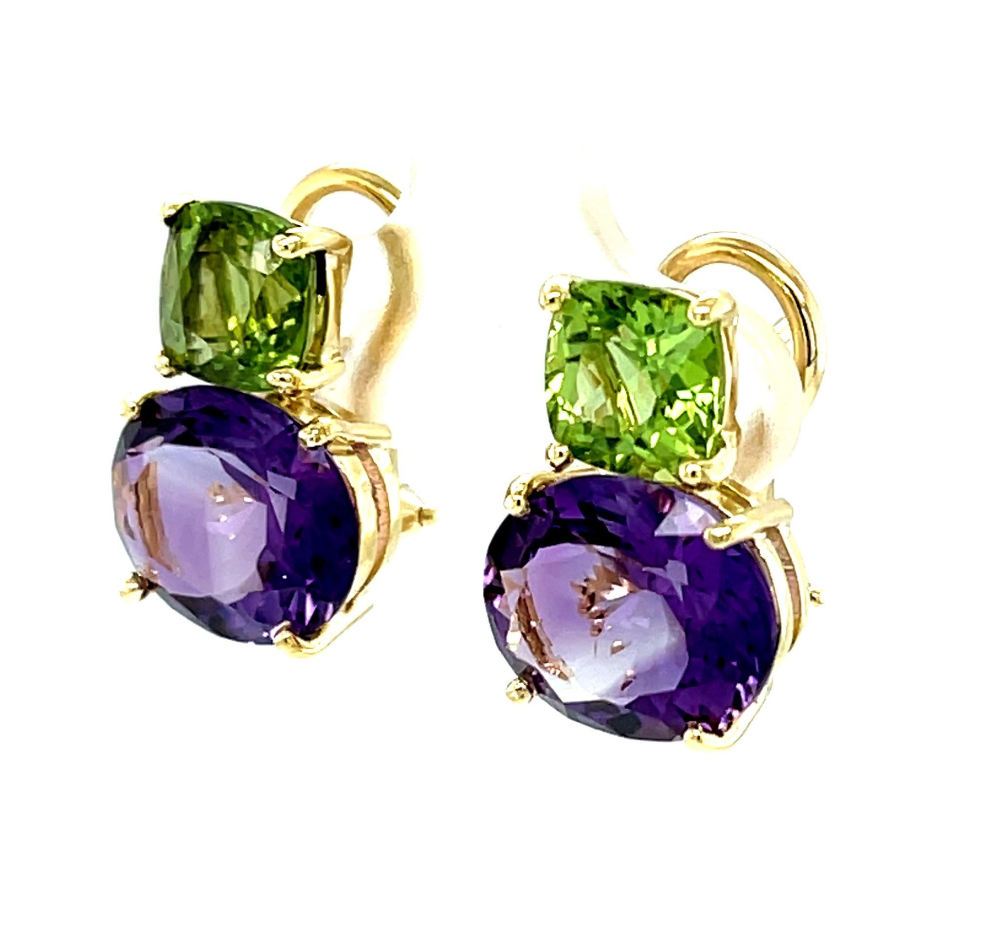 Artisan Peridot and Amethyst Earrings in 18k Yellow Gold with French Backs For Sale