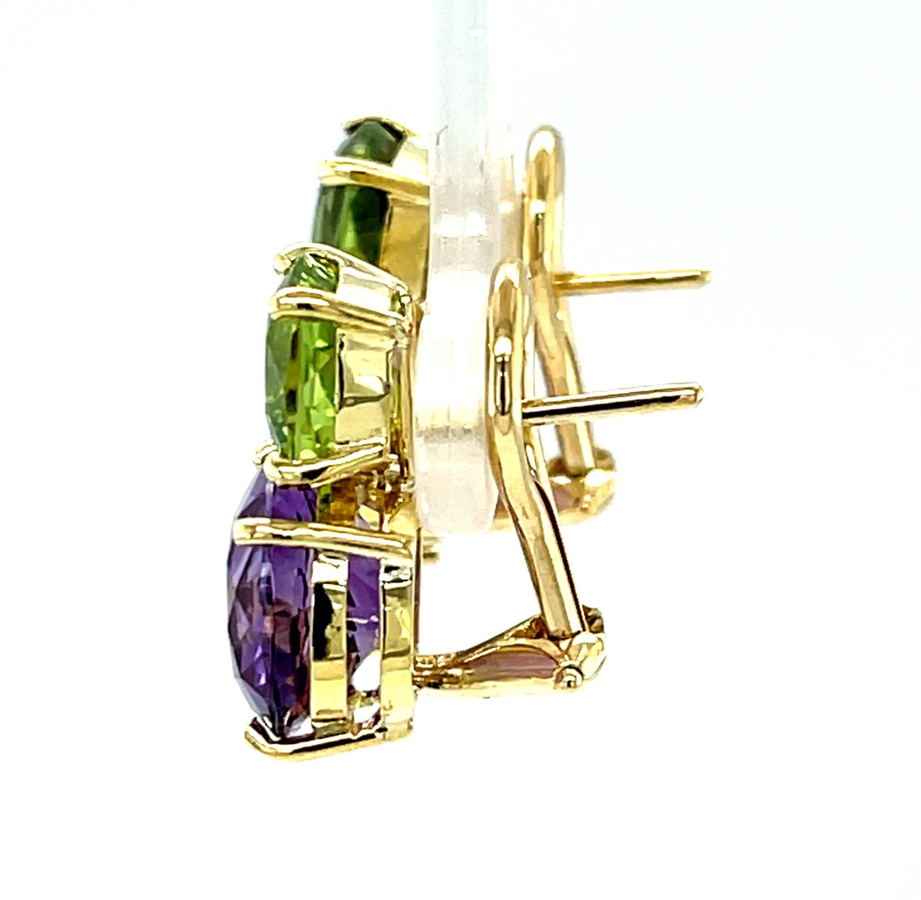 Cushion Cut Peridot and Amethyst Earrings in 18k Yellow Gold with French Backs For Sale