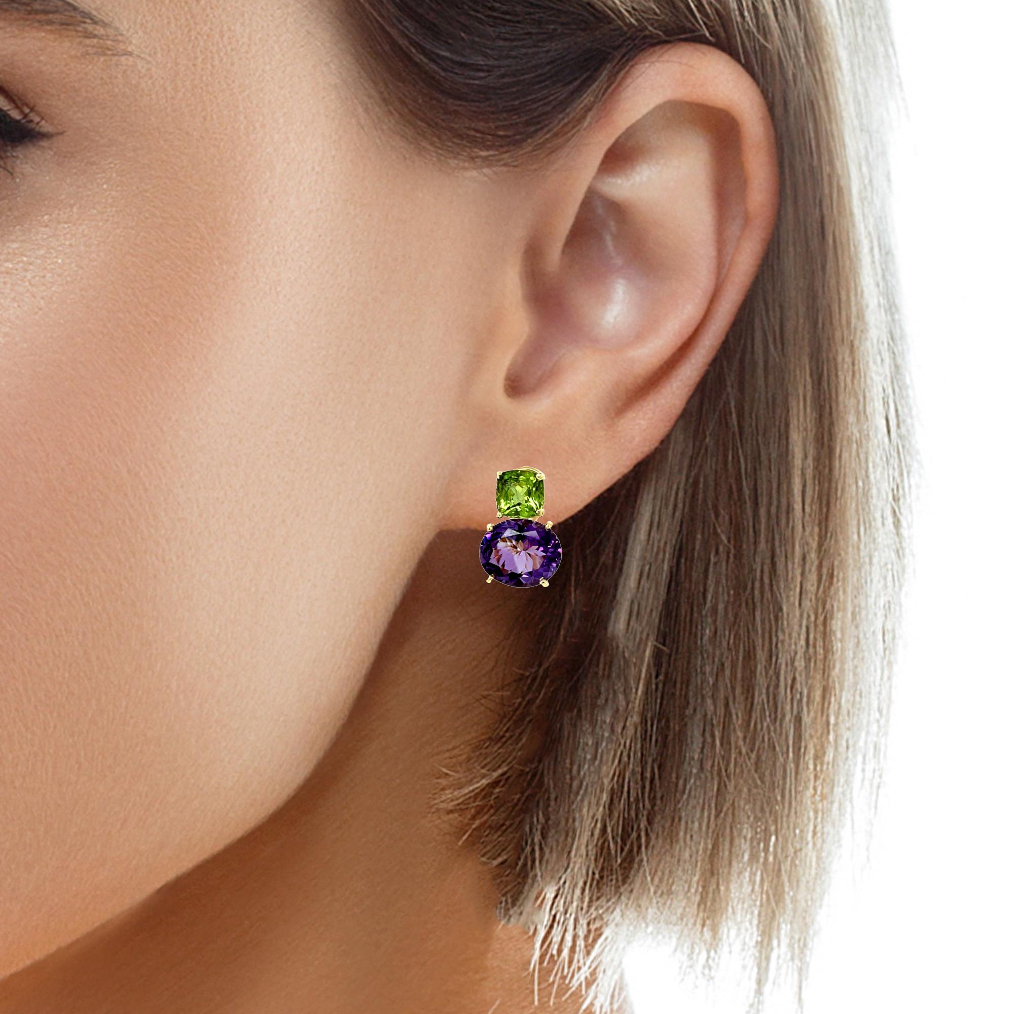 Peridot and Amethyst Earrings in 18k Yellow Gold with French Backs For Sale 3