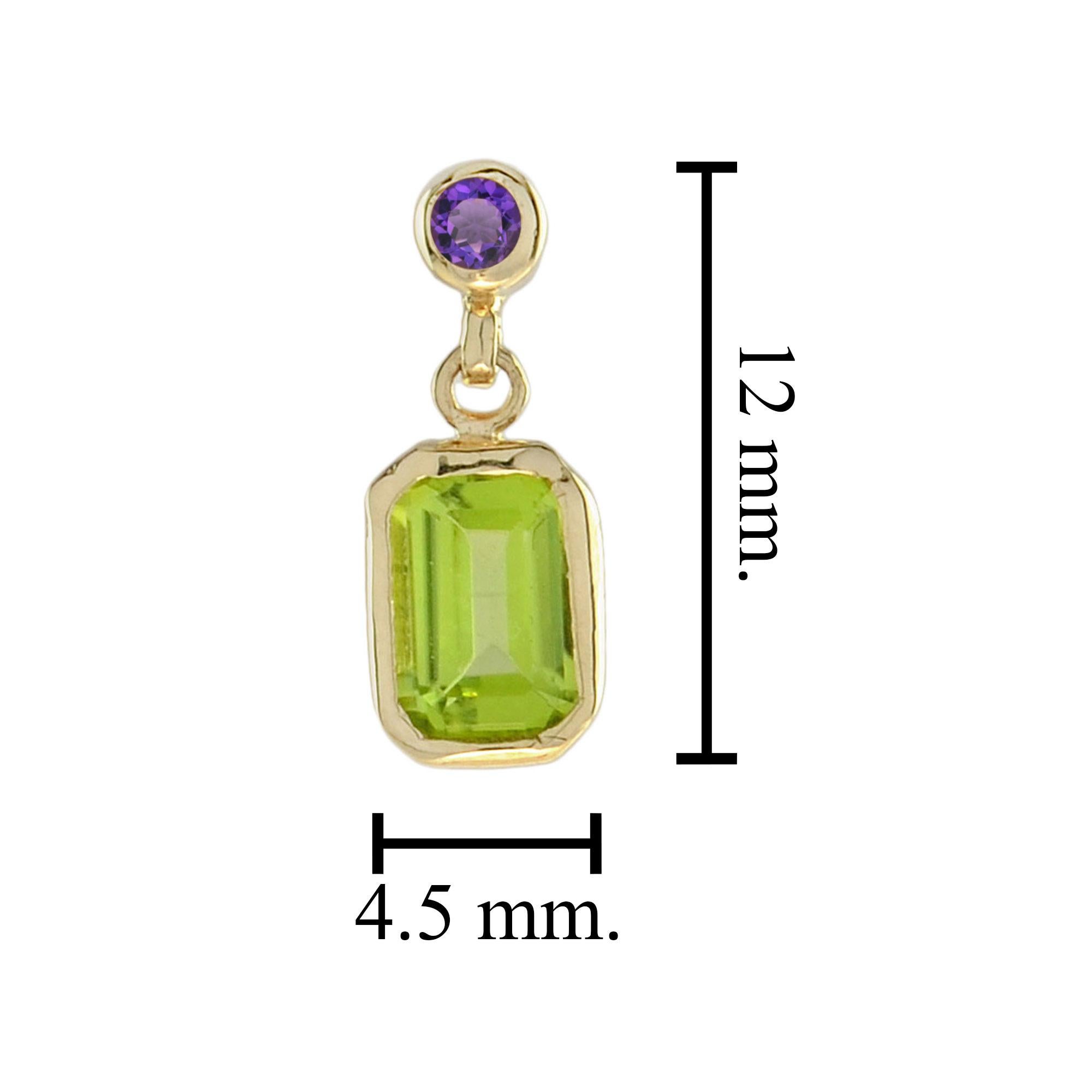 Emerald Cut Peridot and Amethyst Vintage Style Drop Earrings in 14K Yellow Gold For Sale