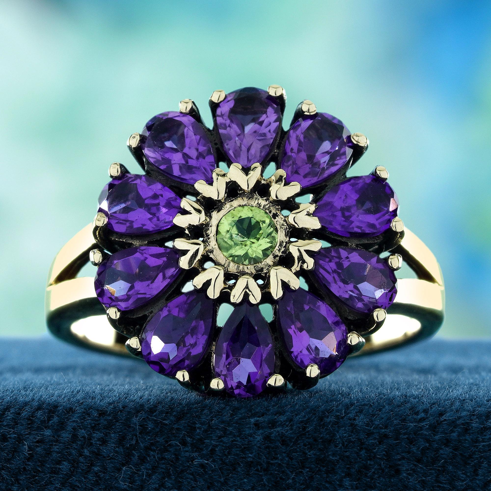 A stunning homage to the beauty of nature. The vibrant peridot takes center stage as the statement of a delicate flower, surrounded by long, slender amethyst petals arranged in the shape of a forget-me-not flower. The intricate vintage design