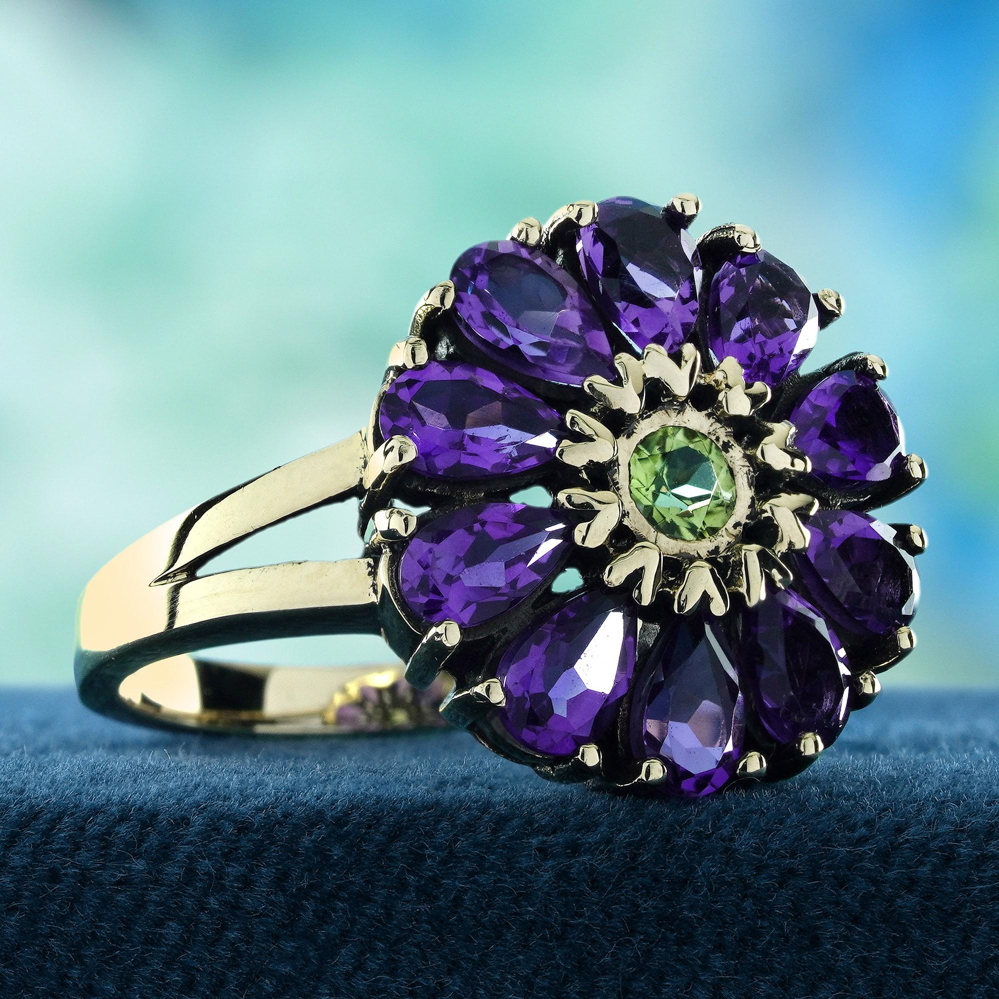 Edwardian Peridot and Amethyst Vintage Style Floral Cluster Ring in Solid 14K Yellow Gold
