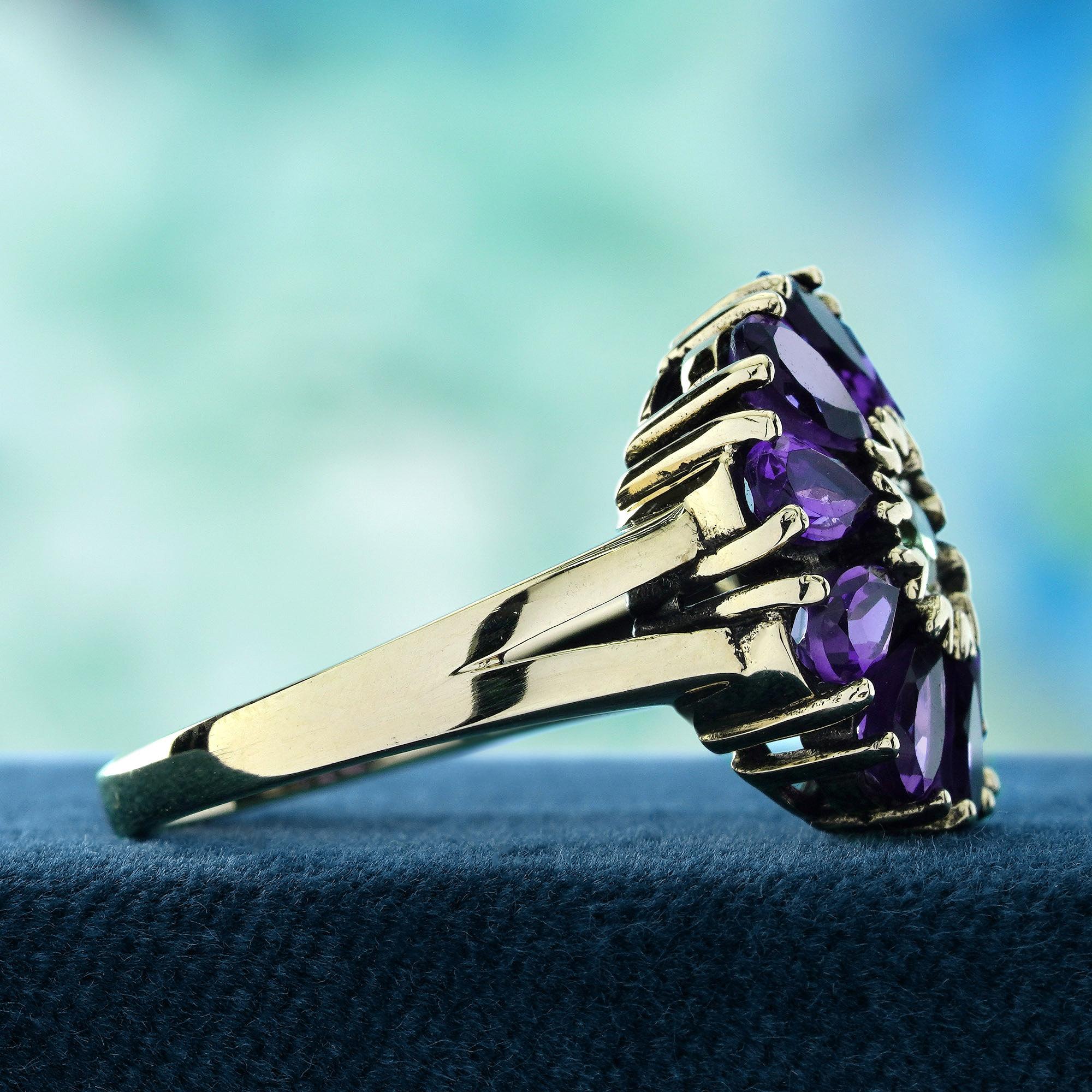 Round Cut Peridot and Amethyst Vintage Style Floral Cluster Ring in Solid 14K Yellow Gold