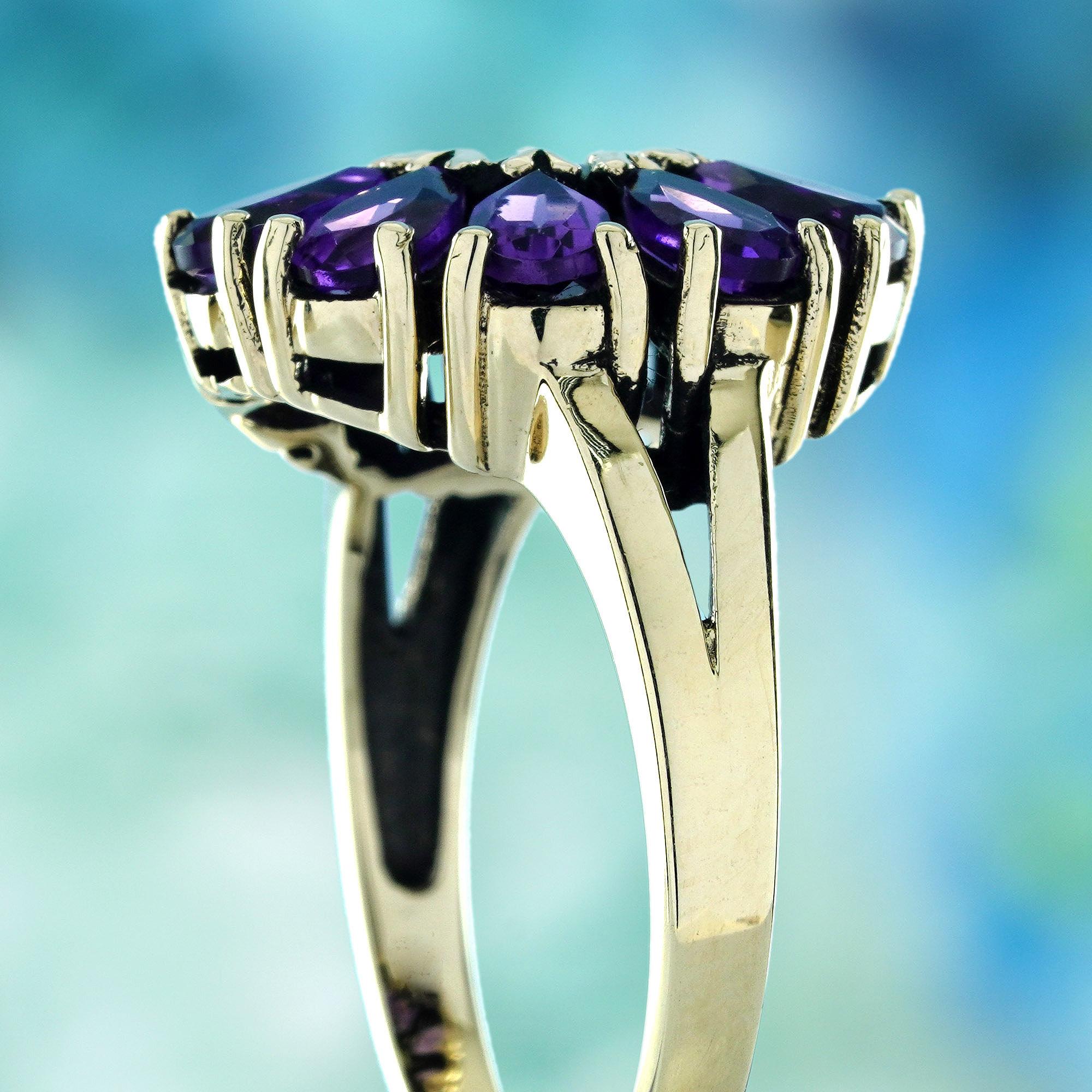Women's Peridot and Amethyst Vintage Style Floral Cluster Ring in Solid 14K Yellow Gold