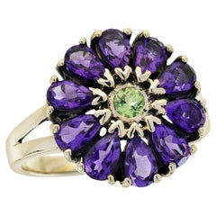 Peridot and Amethyst Vintage Style Floral Cluster Ring in Solid 14K Yellow Gold