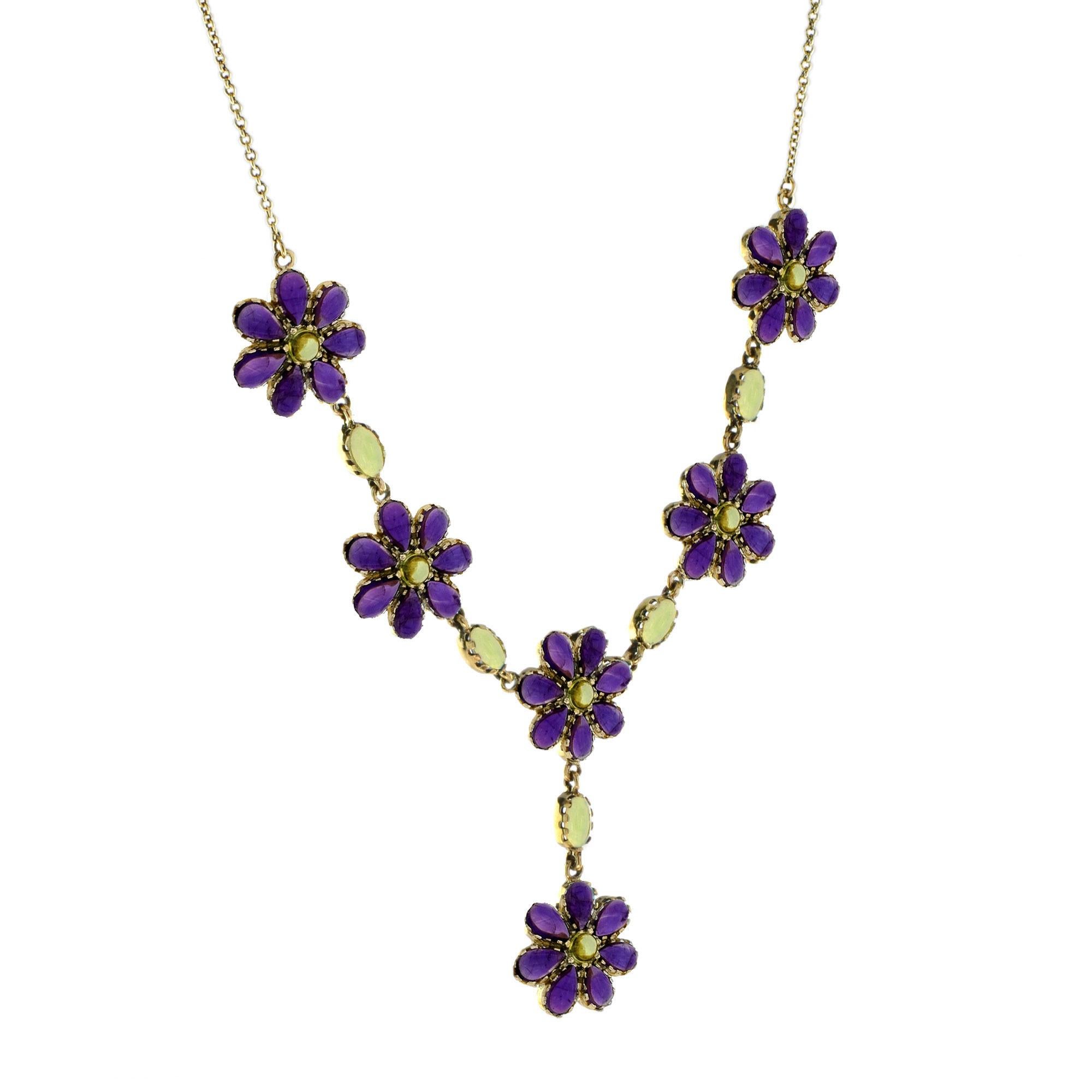 Edwardian Peridot and Amethyst Vintage Style Floral Necklace in 14K Yellow Gold For Sale