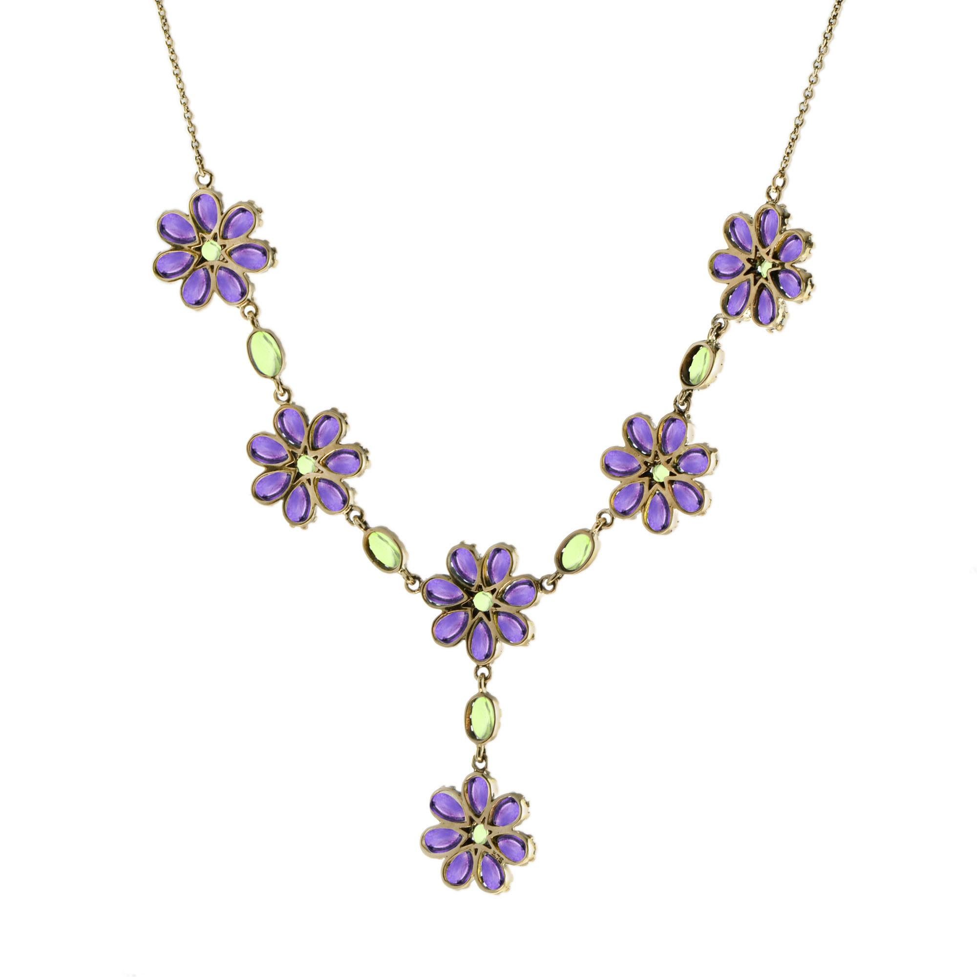 Cabochon Peridot and Amethyst Vintage Style Floral Necklace in 14K Yellow Gold For Sale