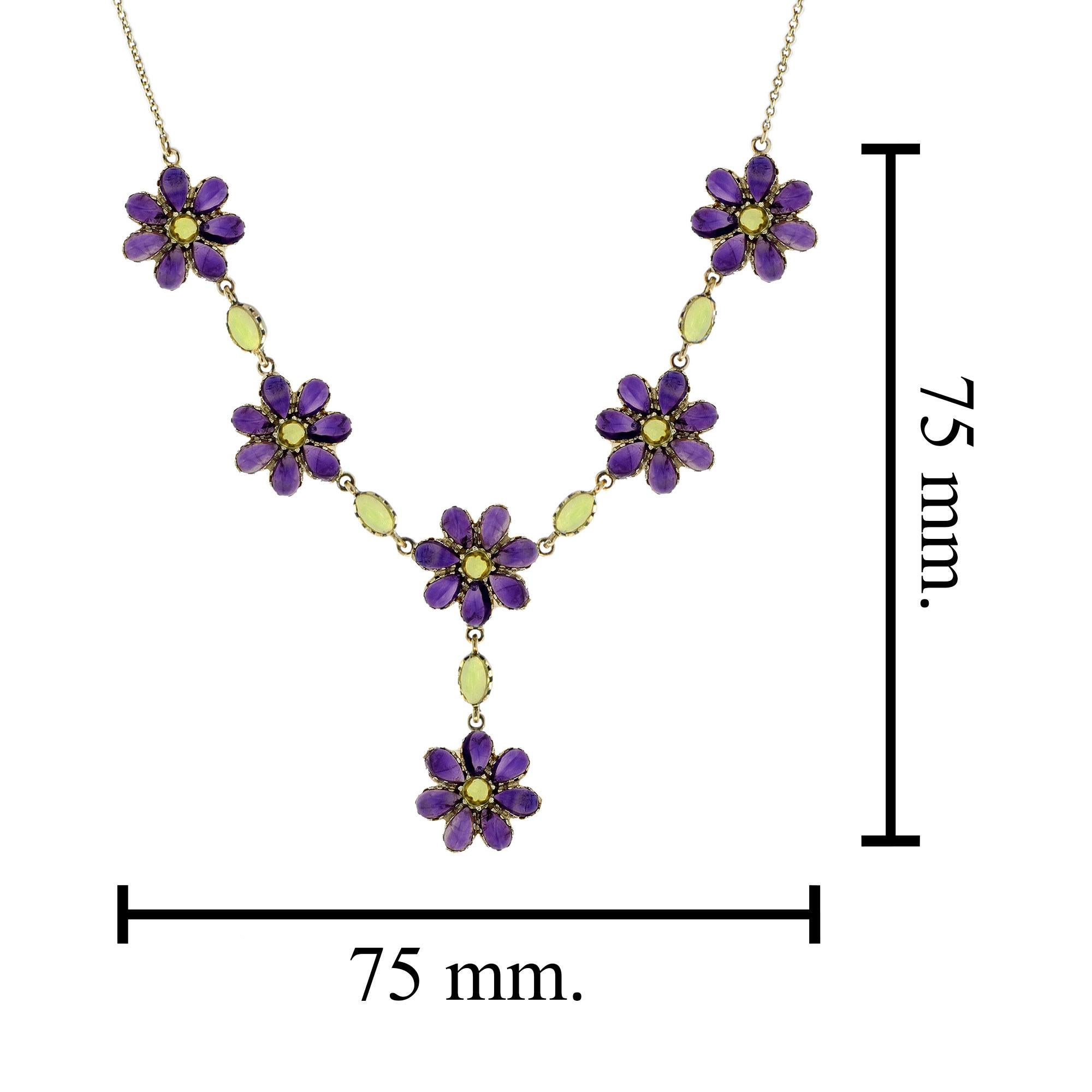 Women's Peridot and Amethyst Vintage Style Floral Necklace in 14K Yellow Gold For Sale