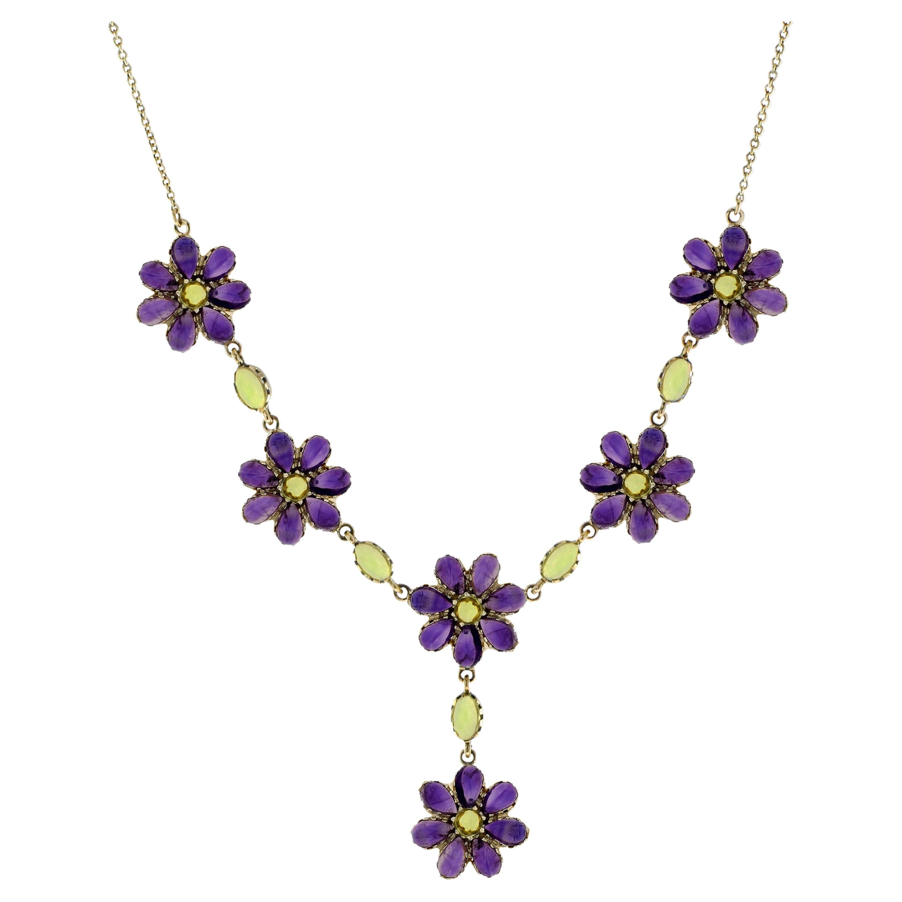 Peridot and Amethyst Vintage Style Floral Necklace in 14K Yellow Gold