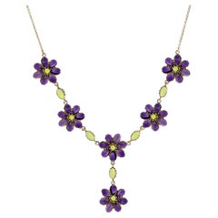 Peridot und Amethyst Blumenhalskette im Vintage-Stil aus 14K Gelbgold