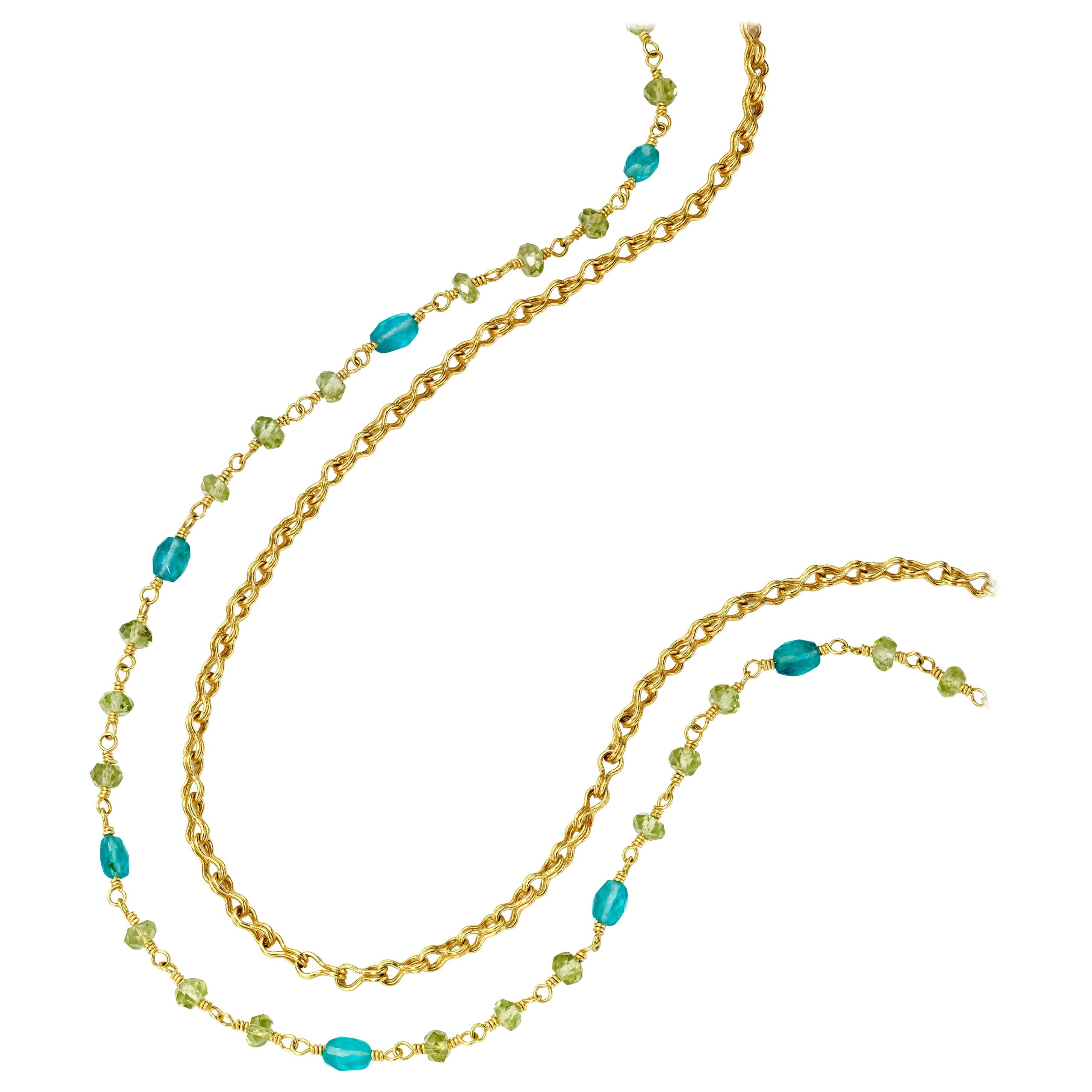 Halskette mit Peridot und Apatitperlen aus Gelbgold 22 Karat Gold
