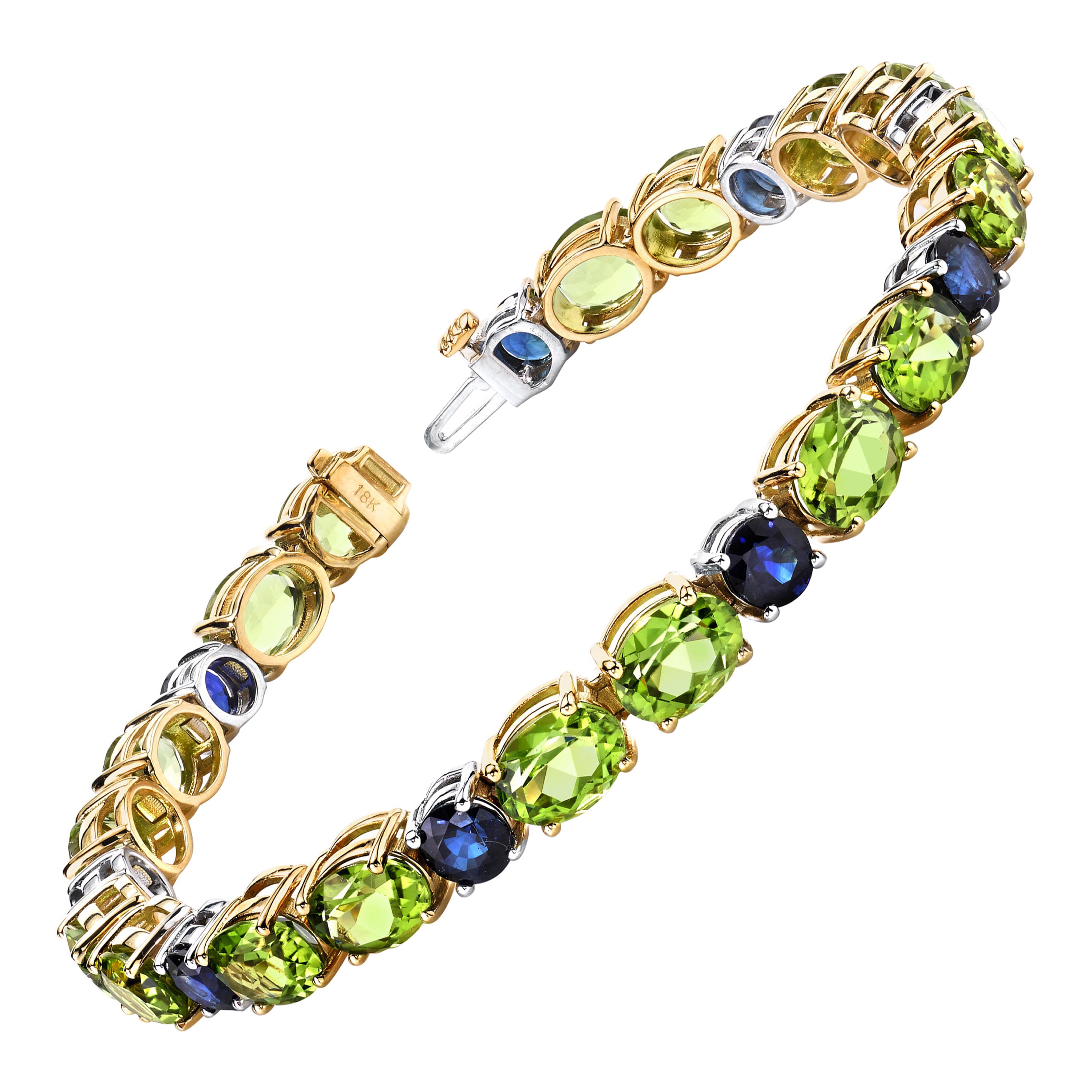 Peridot and Blue Sapphire, Yellow, White Gold Tennis Bracelet, 24.20 Cts. t.w.