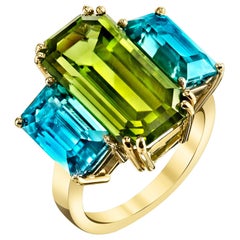 Peridot and Blue Zircon Three-Stone Cocktail Ring in Yellow and White Gold