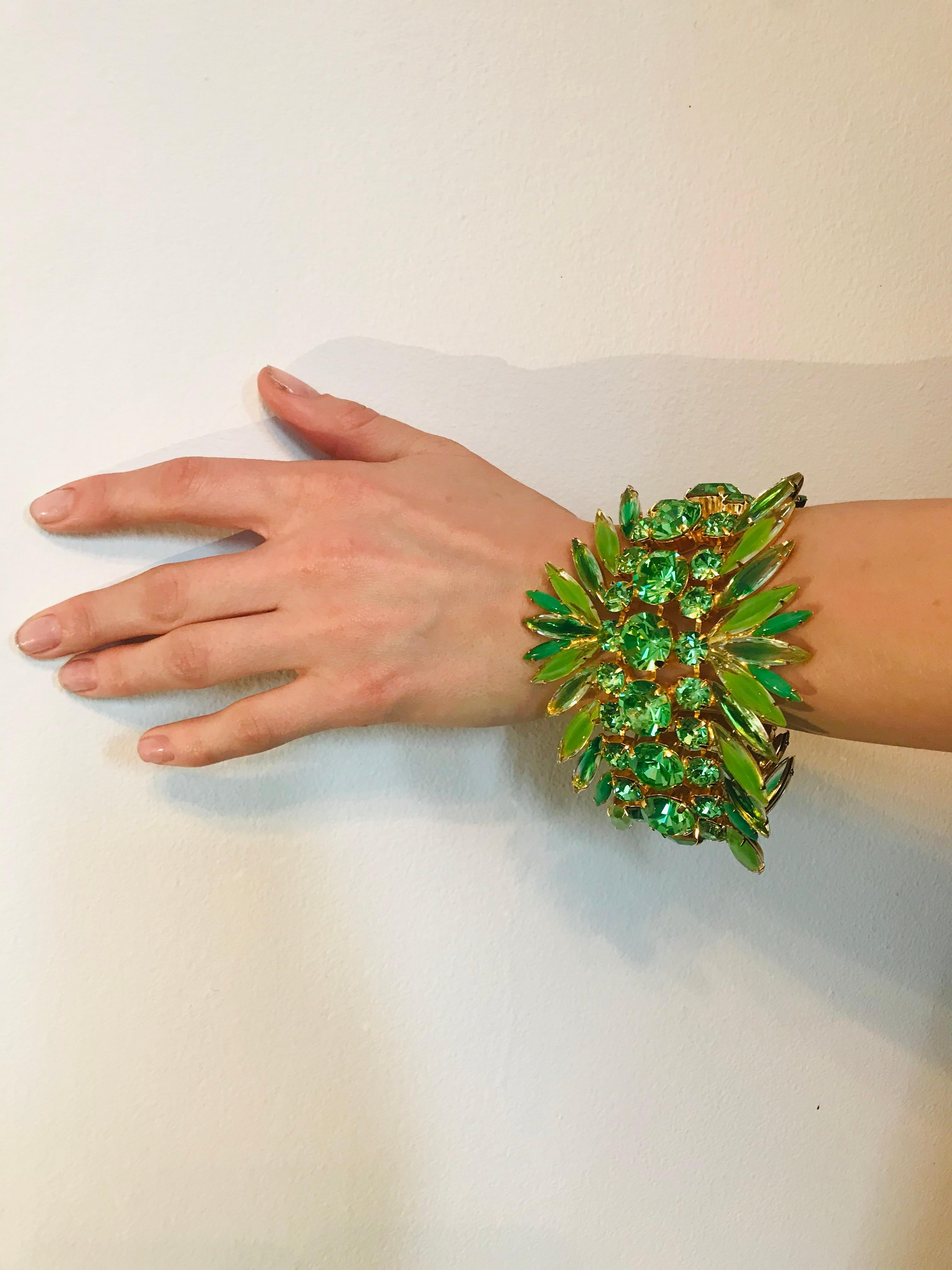 Peridot and Chrysolite Austrian Crystal Flex Cuff Bracelet For Sale 1