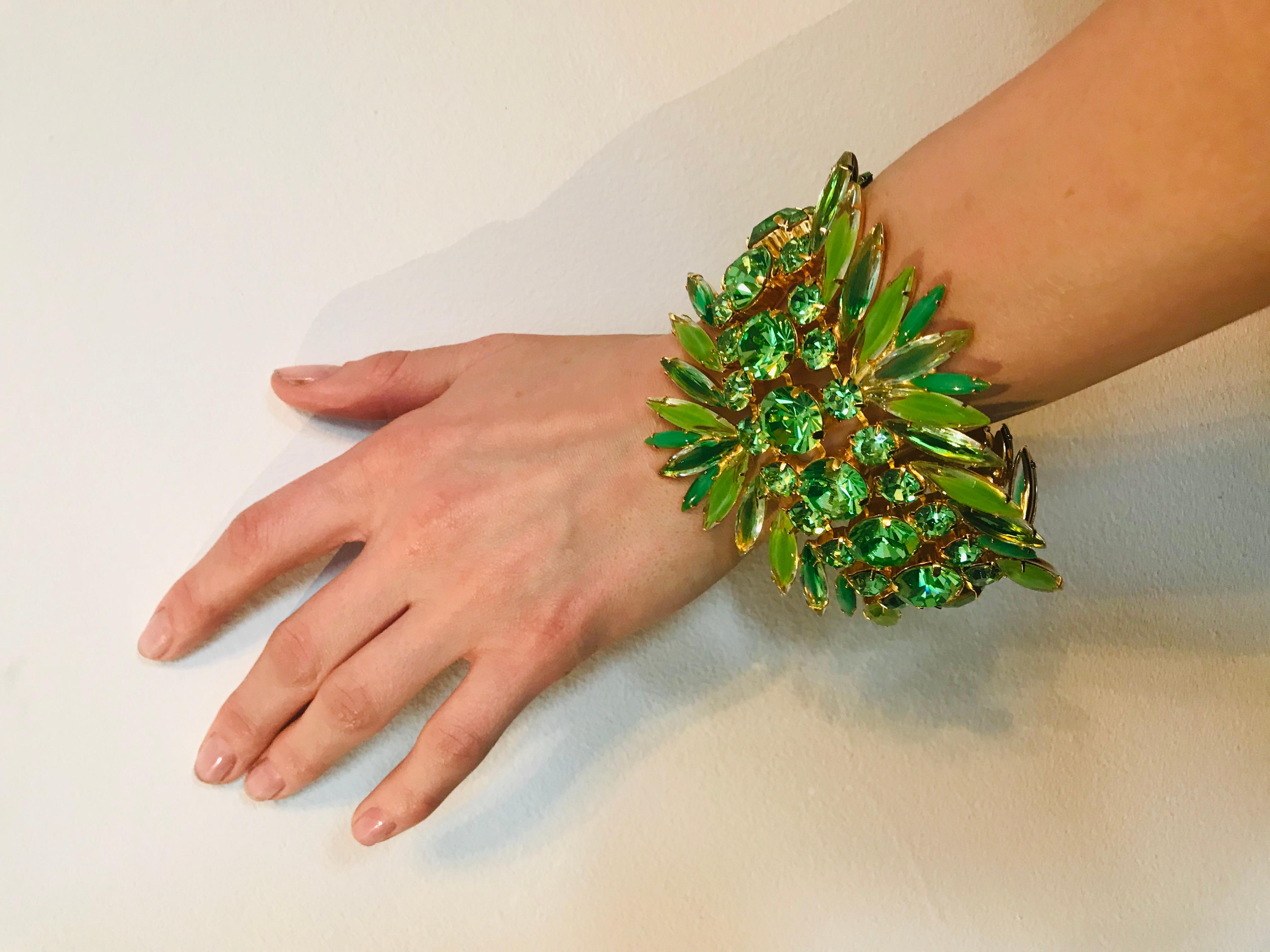 Peridot and Chrysolite Austrian Crystal Flex Cuff Bracelet For Sale 2