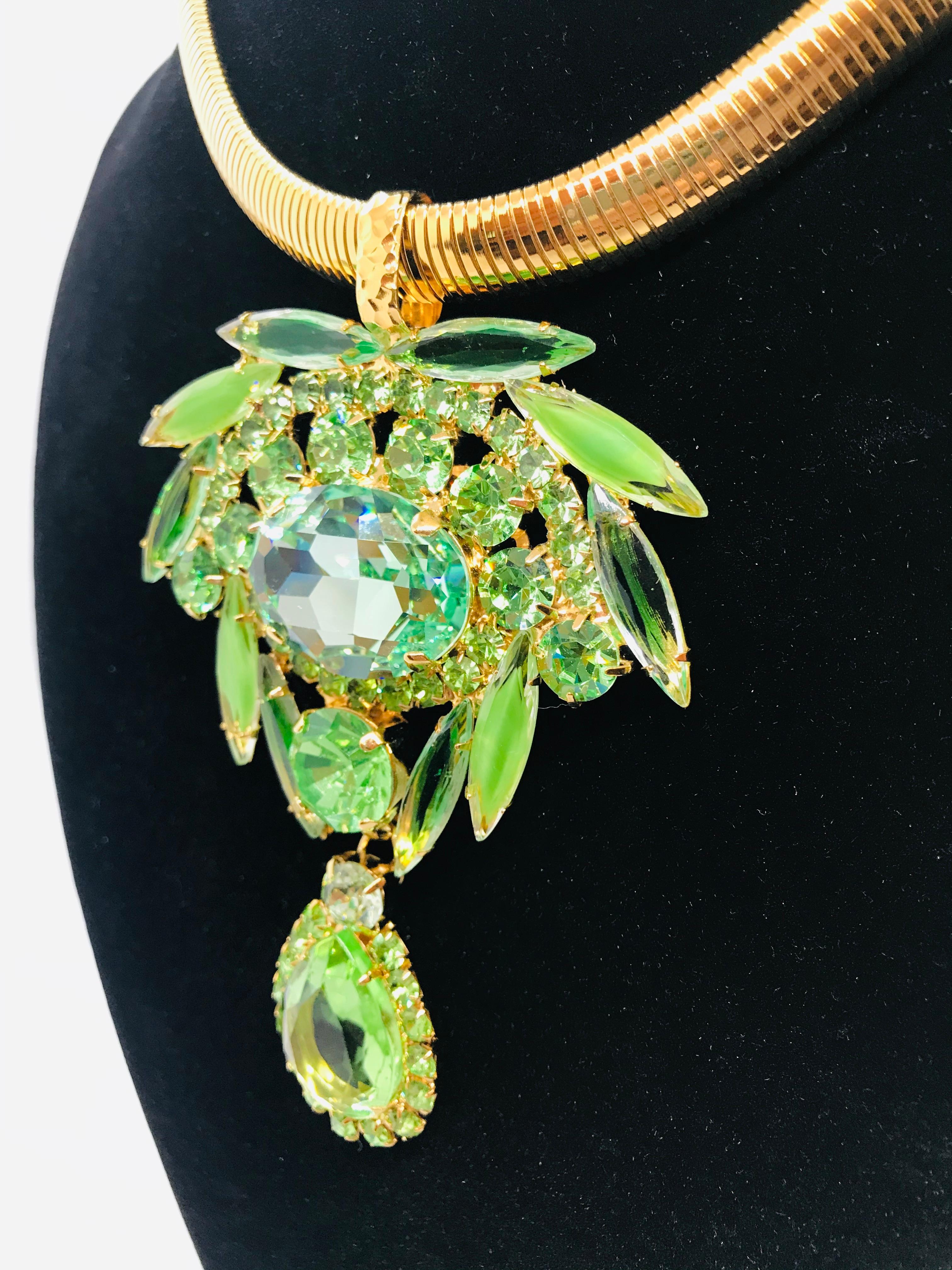 Pear Cut Peridot and Chrysolite Austrian Crystal Machine Age Pendant For Sale