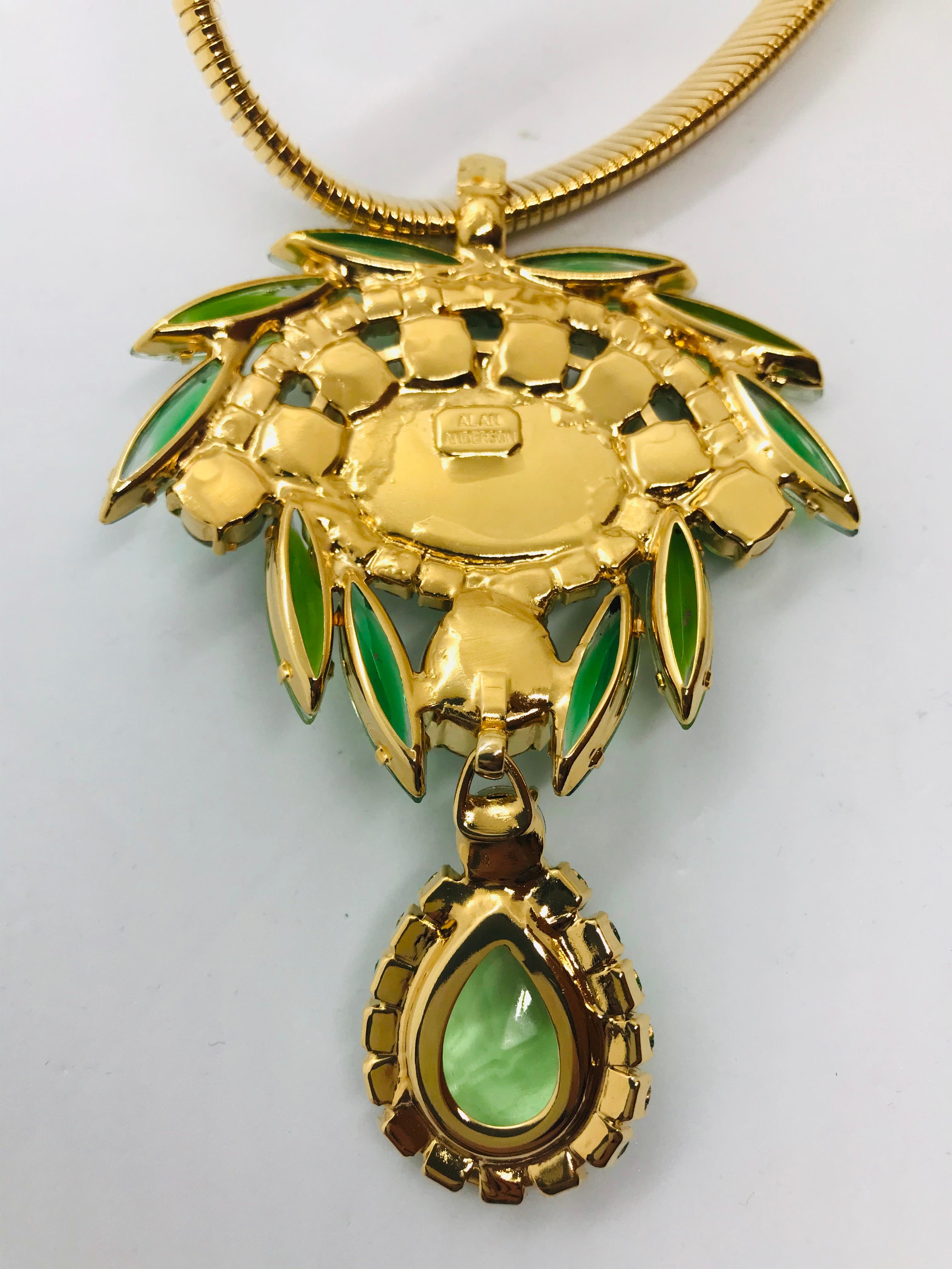 Peridot and Chrysolite Austrian Crystal Machine Age Pendant For Sale 1