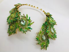 Peridot and Chrysolite Austrian Crystal "Ostrich Feather" Open Collar Necklace