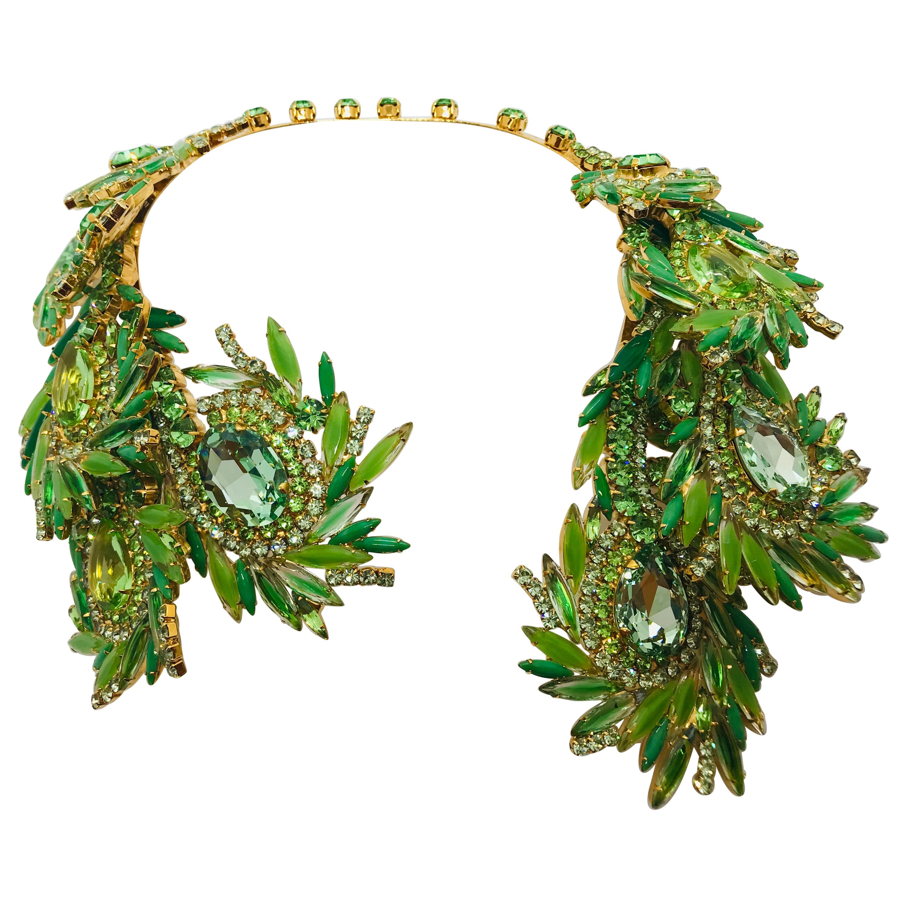 Peridot and Chrysolite Austrian Crystal "Ostrich Feather" Open Collar Necklace For Sale