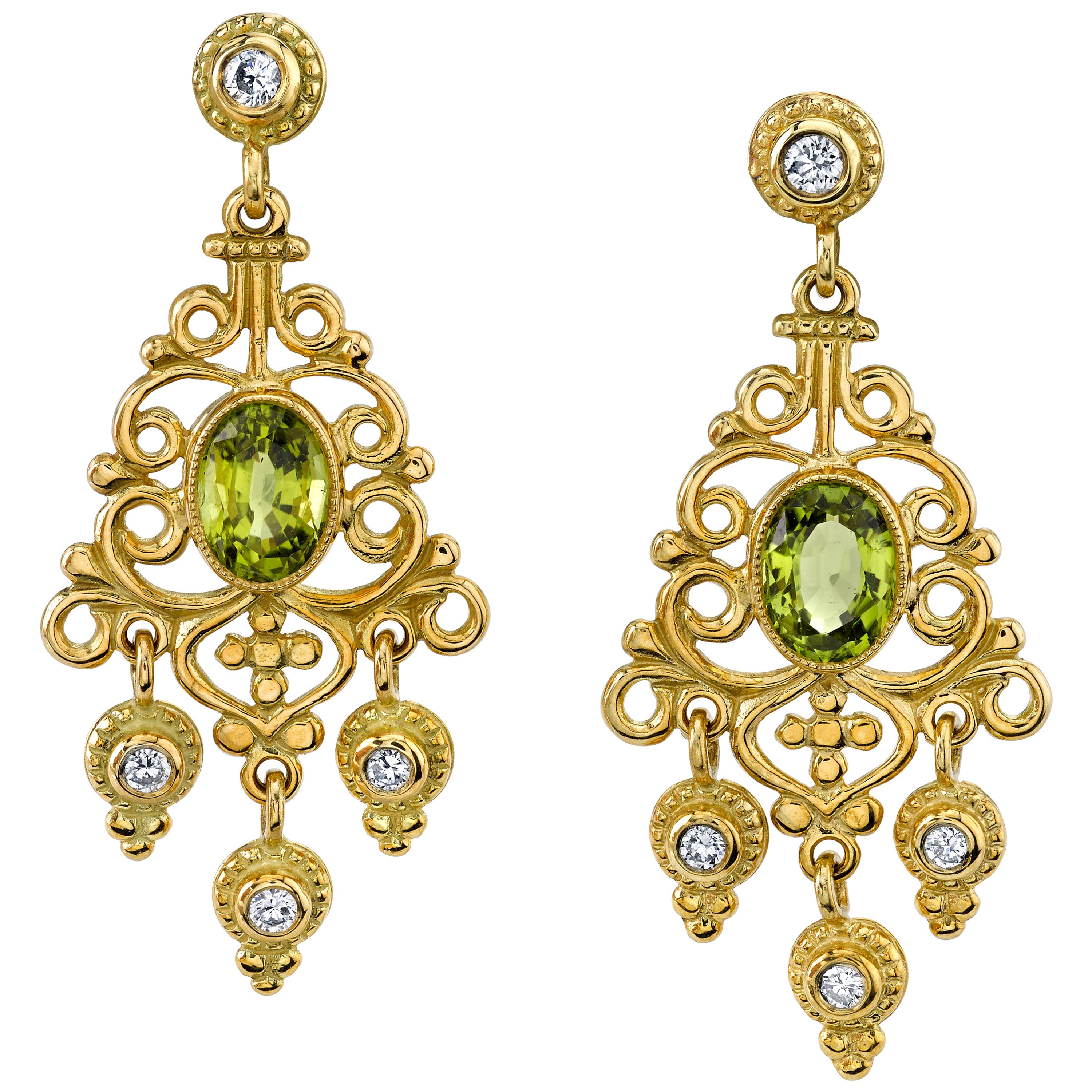 Victorian Inspired Peridot, Diamond Yellow Gold Handmade Chandelier Earrings