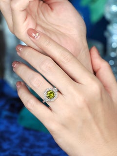 Peridot and Diamond Art Deco Style Engagement Ring in 14K White Gold