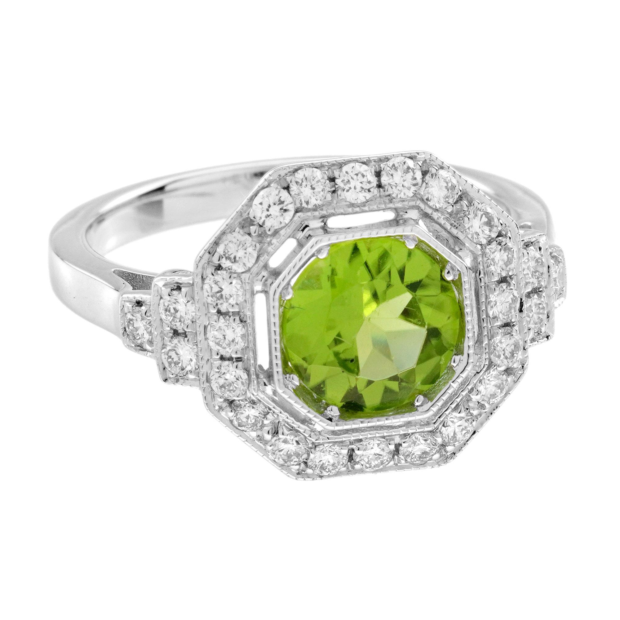 Taille ronde Peridot and Diamond Art Deco Style Engagement Ring in 14K White Gold en vente