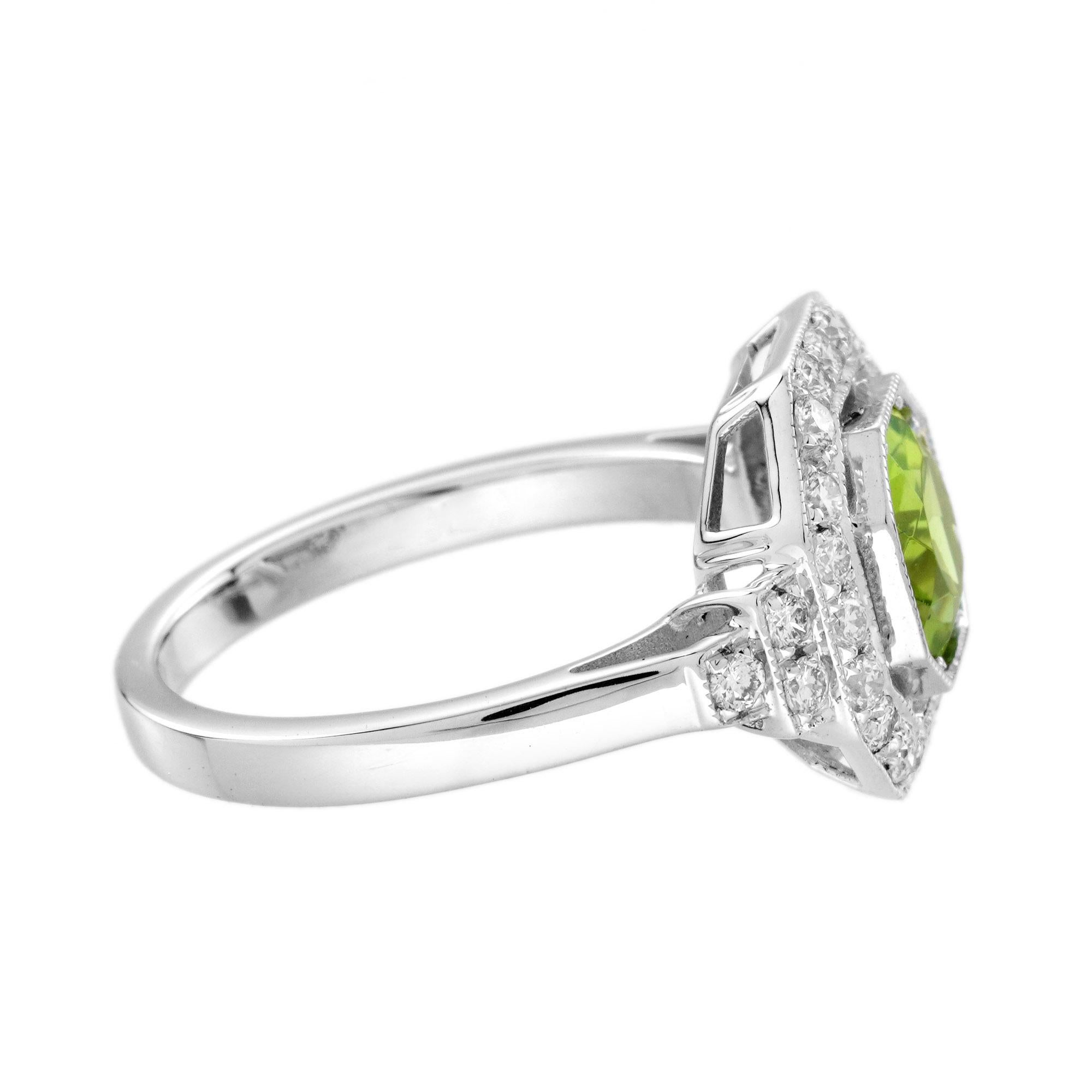 Peridot and Diamond Art Deco Style Engagement Ring in 14K White Gold Neuf - En vente à Bangkok, TH