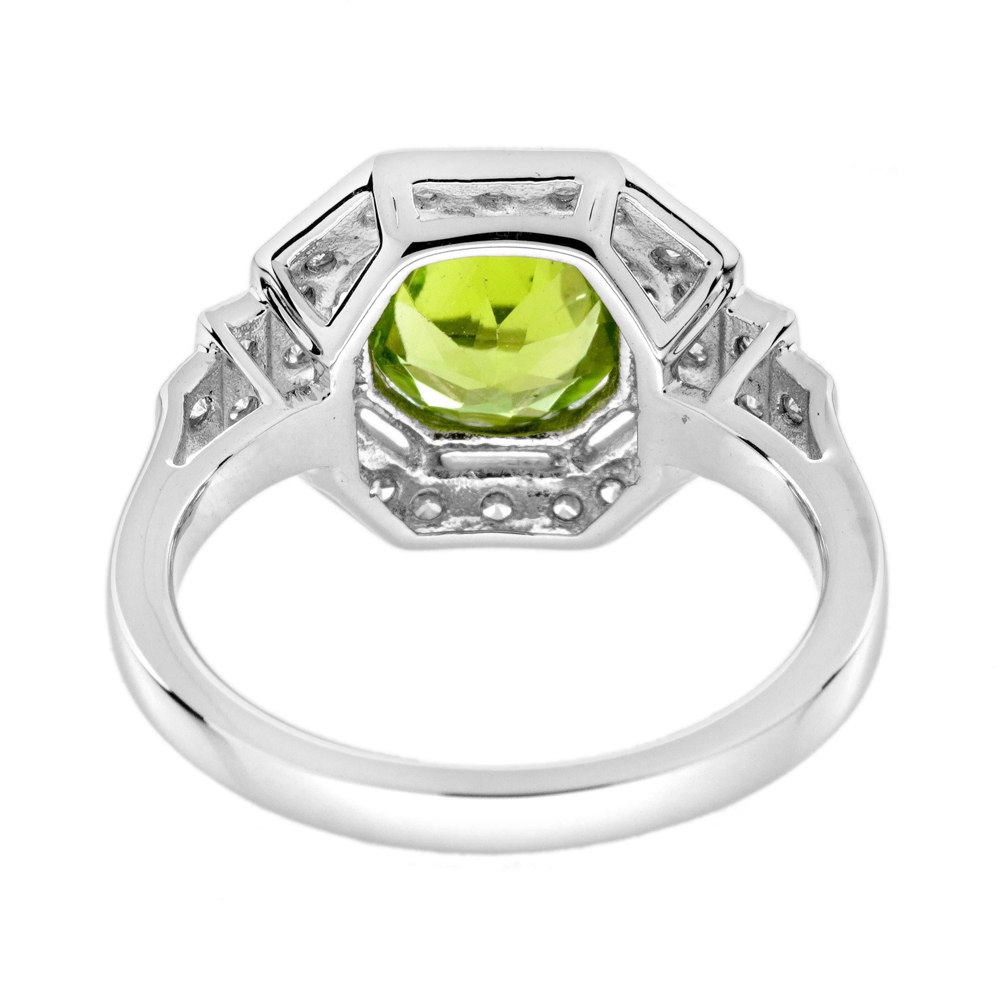 Peridot and Diamond Art Deco Style Engagement Ring in 14K White Gold Pour femmes en vente